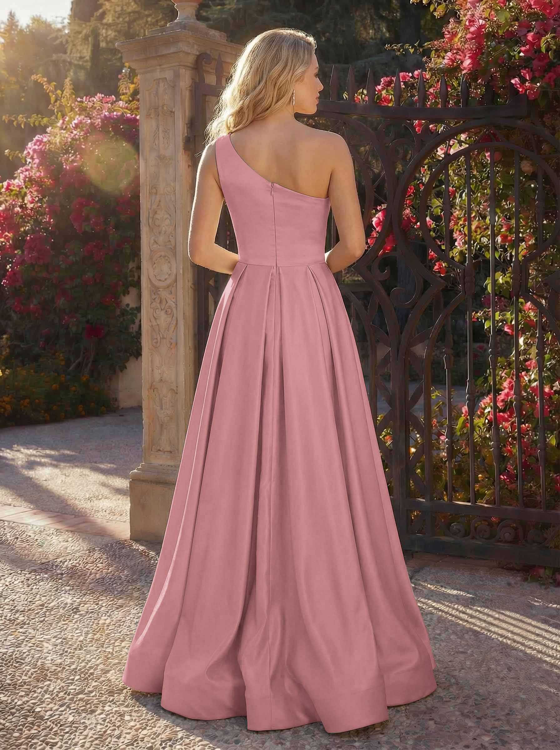 A-Line One-Shoulder Sleeveless Floor-Length Satin Bridesmaid Dresses, product image 46