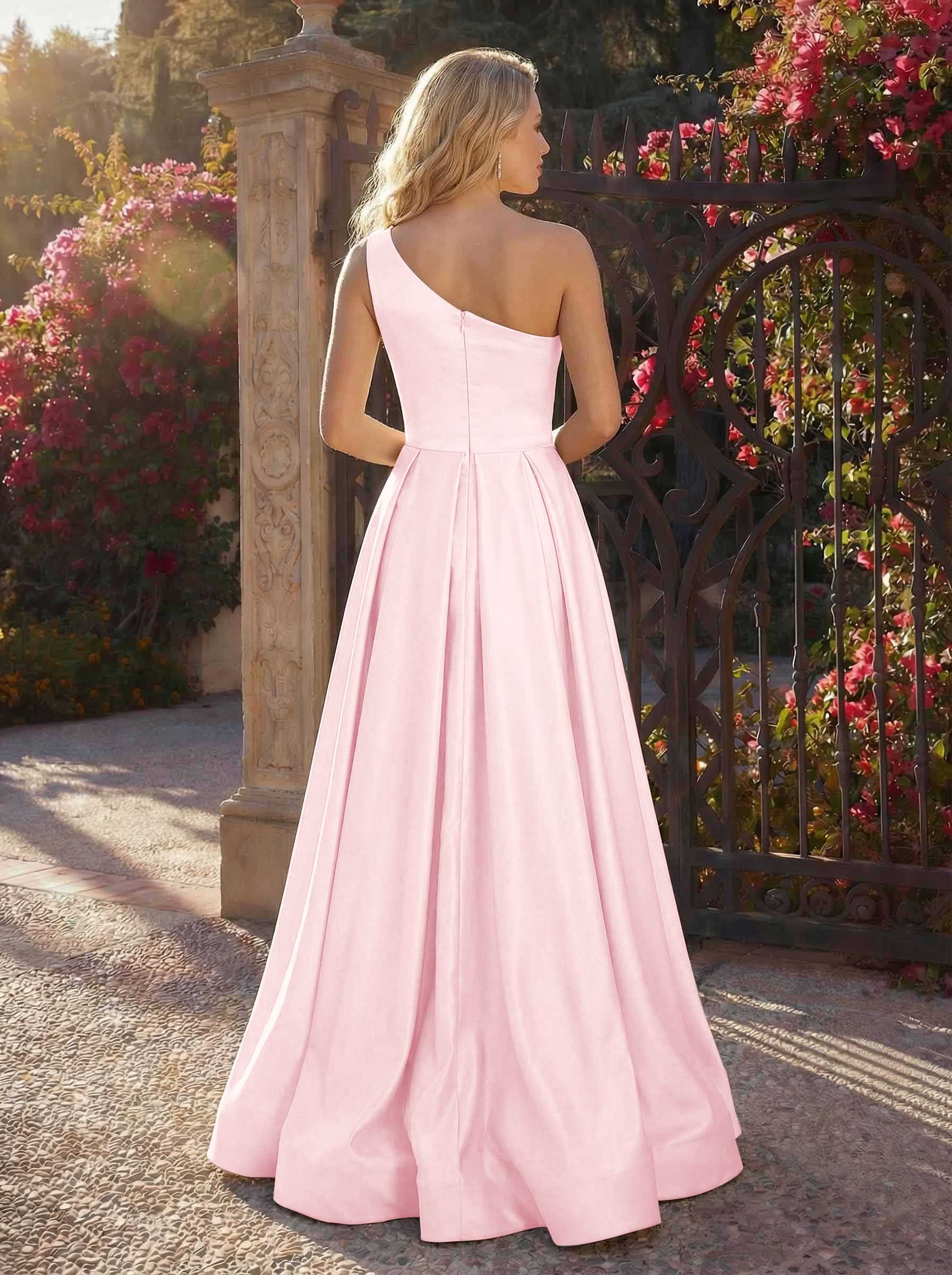 A-Line One-Shoulder Sleeveless Floor-Length Satin Bridesmaid Dresses, product image 52