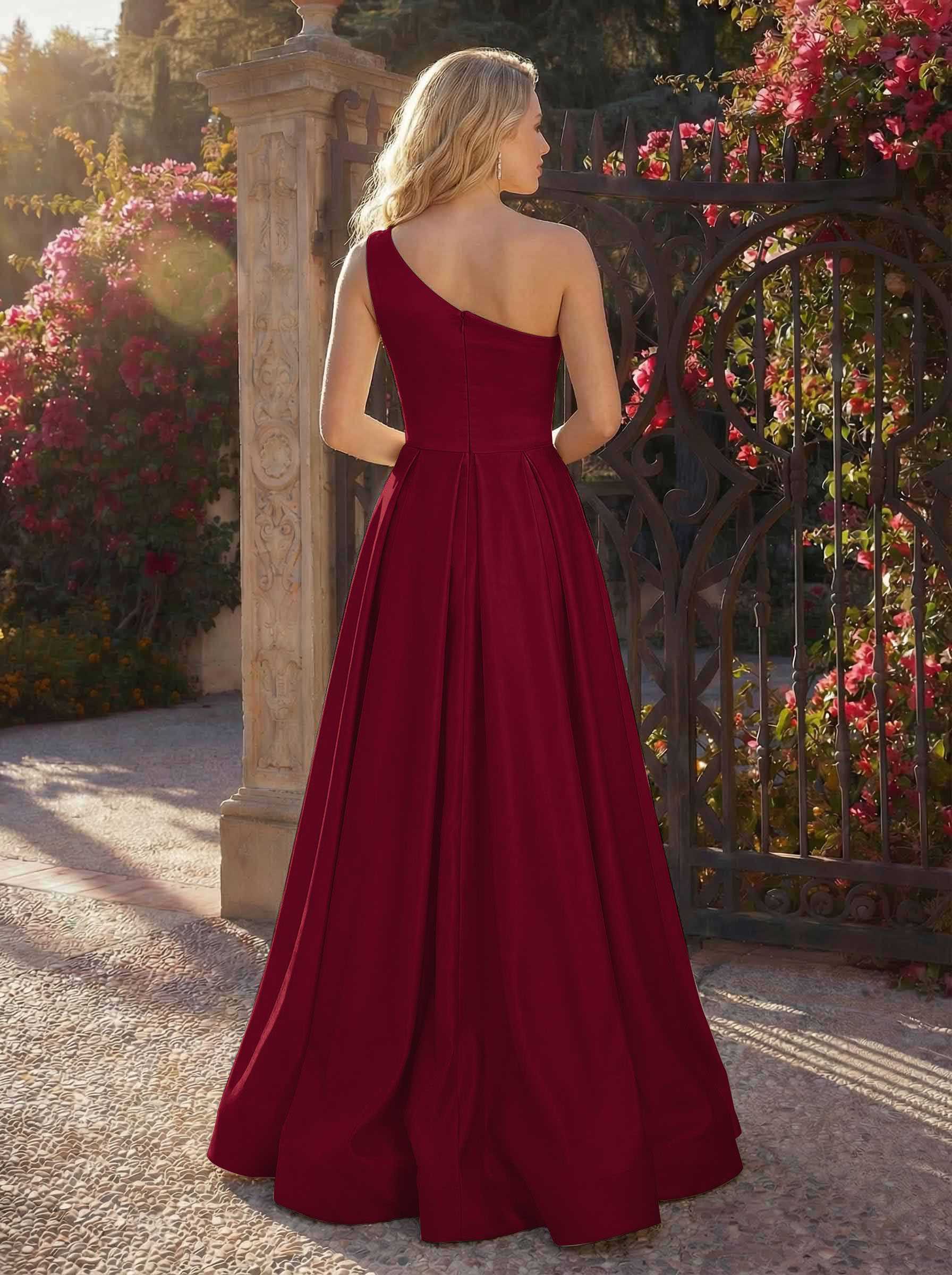 A-Line One-Shoulder Sleeveless Floor-Length Satin Bridesmaid Dresses, product image 30