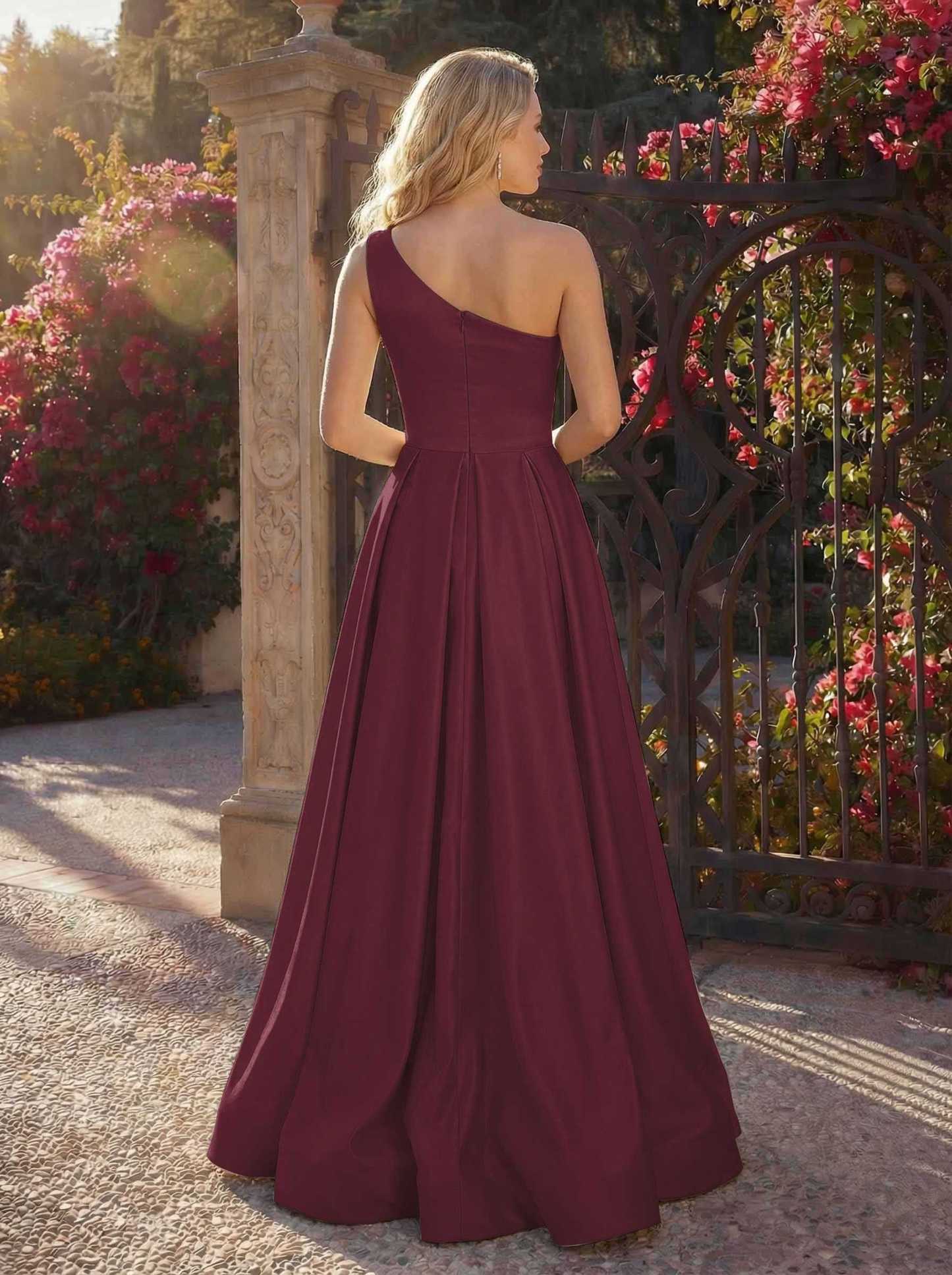 A-Line One-Shoulder Sleeveless Floor-Length Satin Bridesmaid Dresses, product image 28
