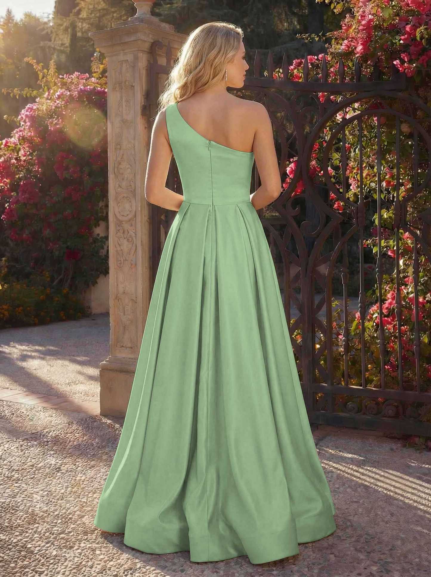 A-Line One-Shoulder Sleeveless Floor-Length Satin Bridesmaid Dresses, product image 86