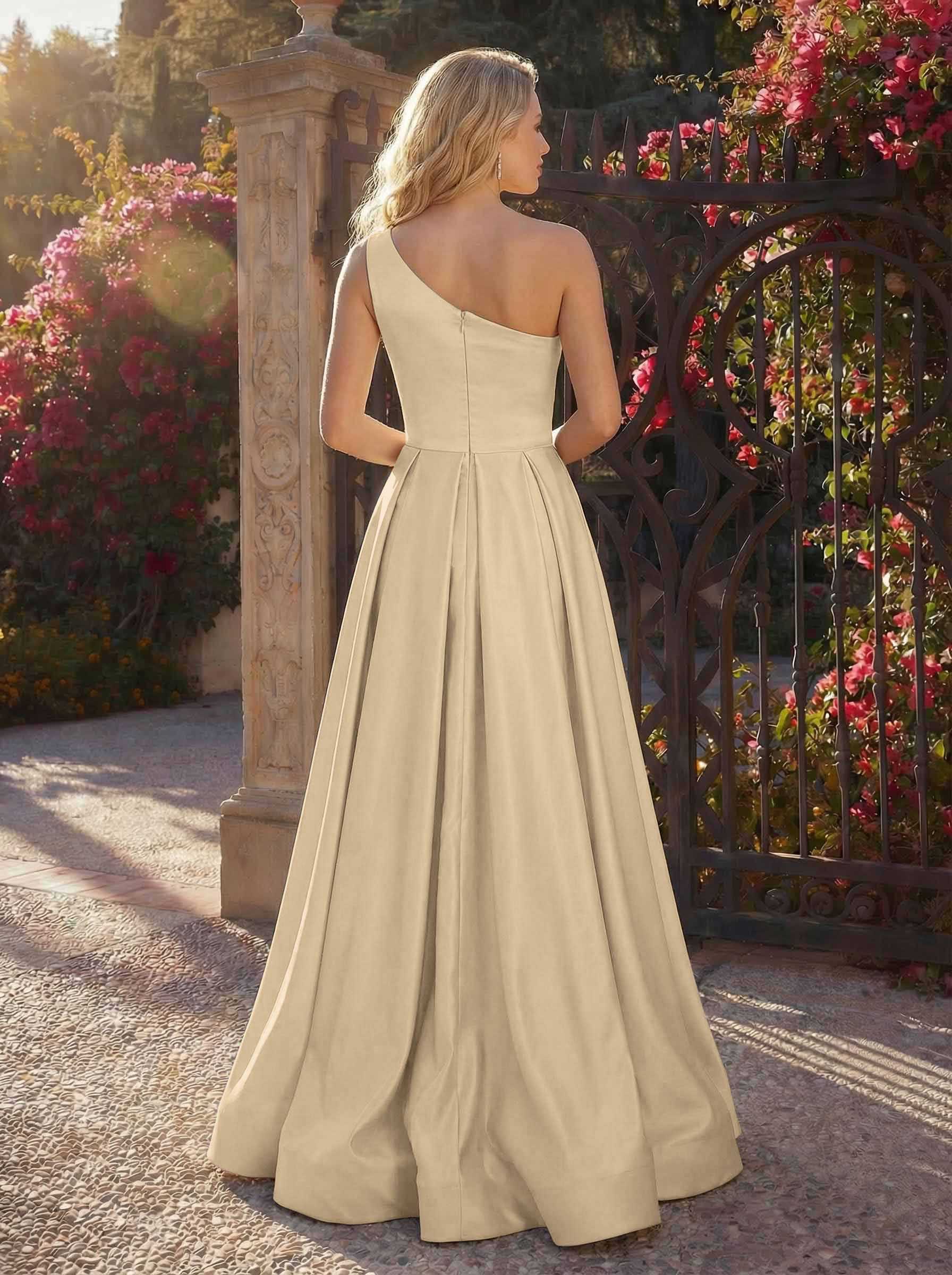 A-Line One-Shoulder Sleeveless Floor-Length Satin Bridesmaid Dresses, product image 94
