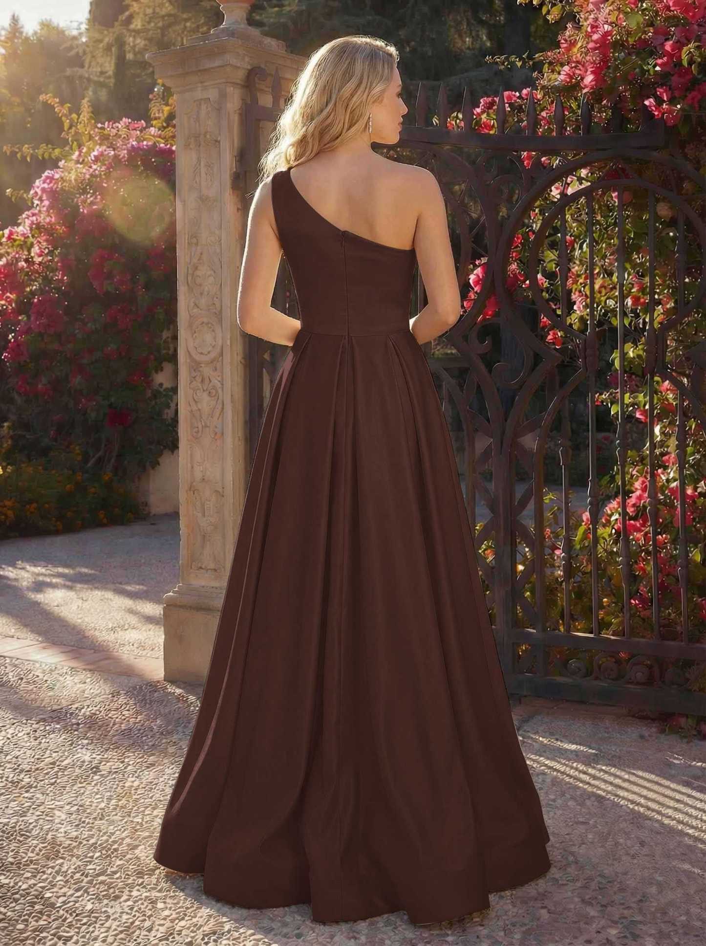 A-Line One-Shoulder Sleeveless Floor-Length Satin Bridesmaid Dresses, product image 106