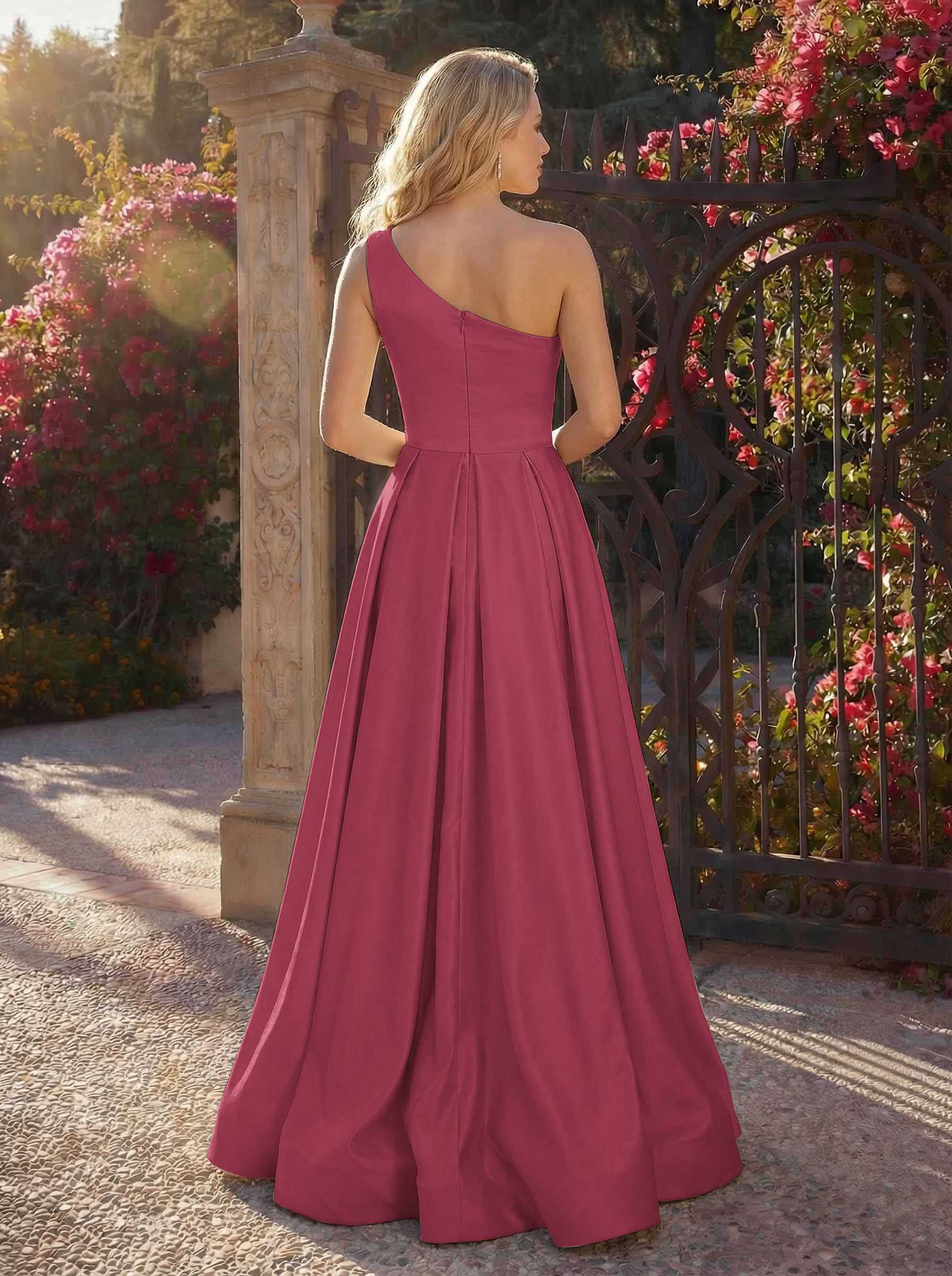 A-Line One-Shoulder Sleeveless Floor-Length Satin Bridesmaid Dresses, product image 32