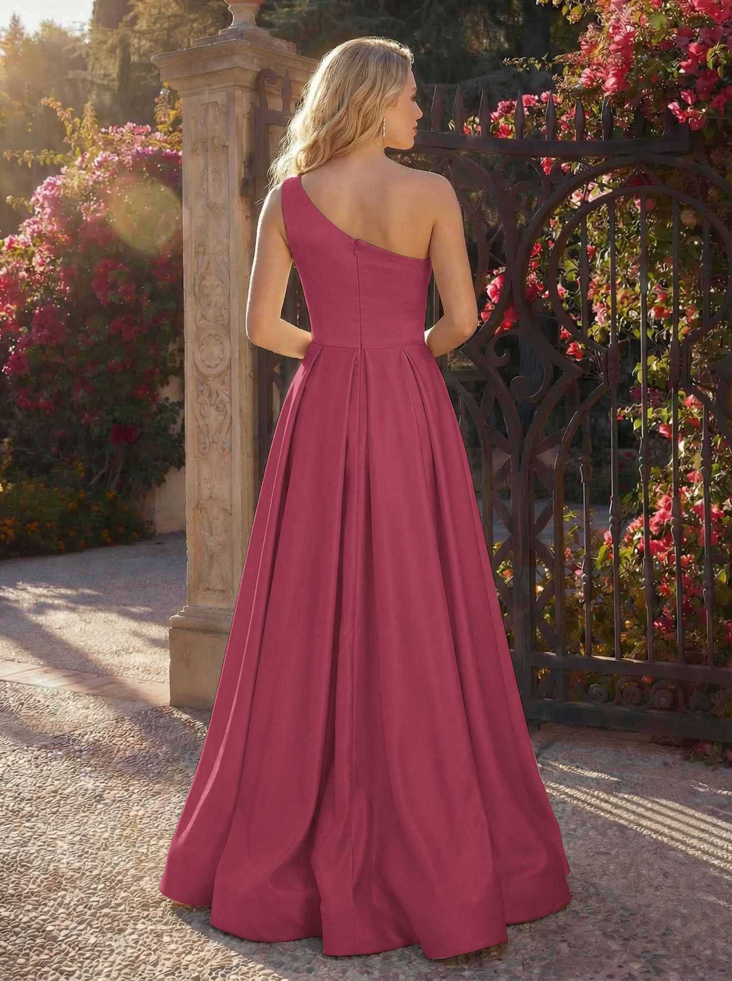 A-Line One-Shoulder Sleeveless Floor-Length Satin Bridesmaid Dresses, product image 32