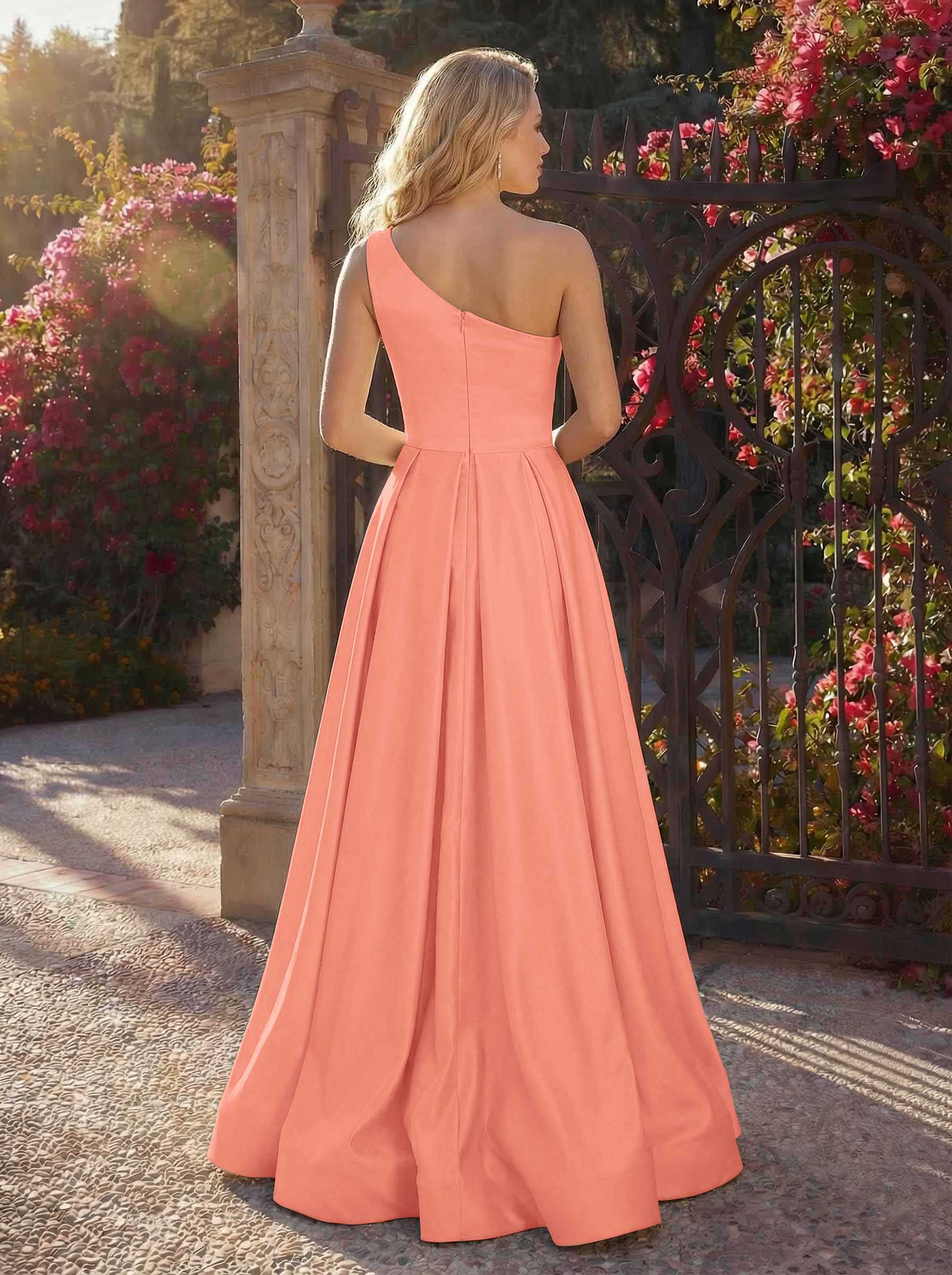 A-Line One-Shoulder Sleeveless Floor-Length Satin Bridesmaid Dresses, product image 50