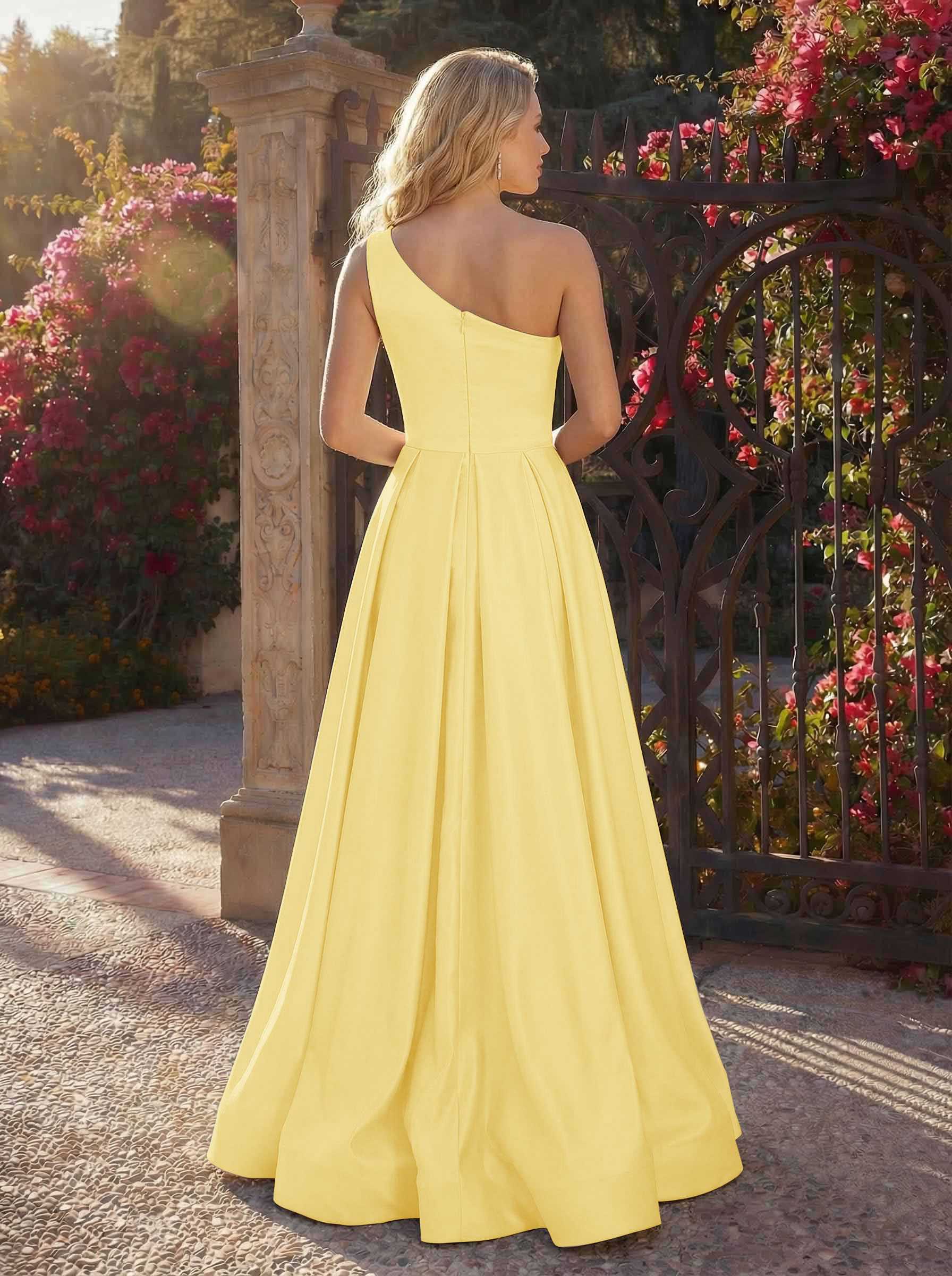 A-Line One-Shoulder Sleeveless Floor-Length Satin Bridesmaid Dresses, product image 98