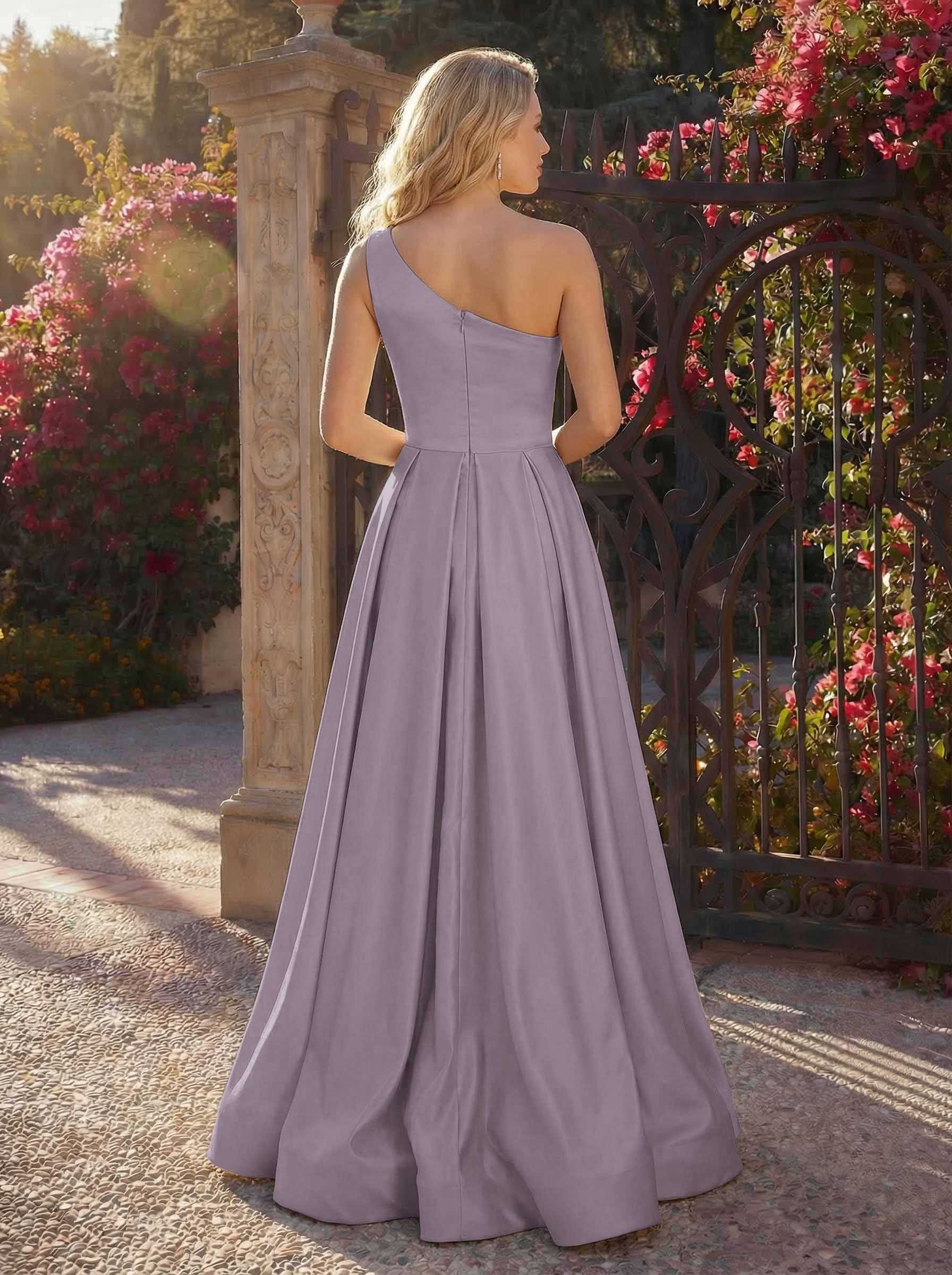 A-Line One-Shoulder Sleeveless Floor-Length Satin Bridesmaid Dresses, product image 56