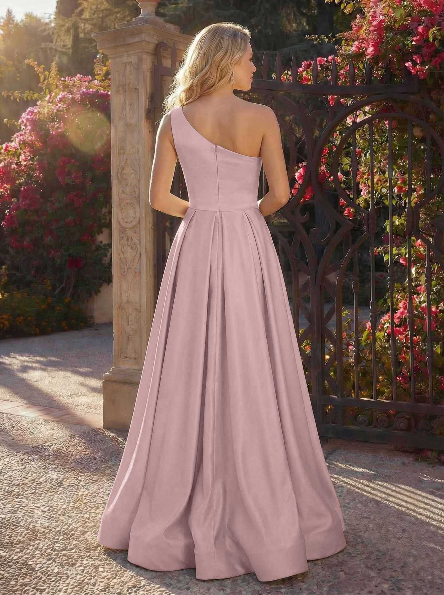 A-Line One-Shoulder Sleeveless Floor-Length Satin Bridesmaid Dresses, product image 42