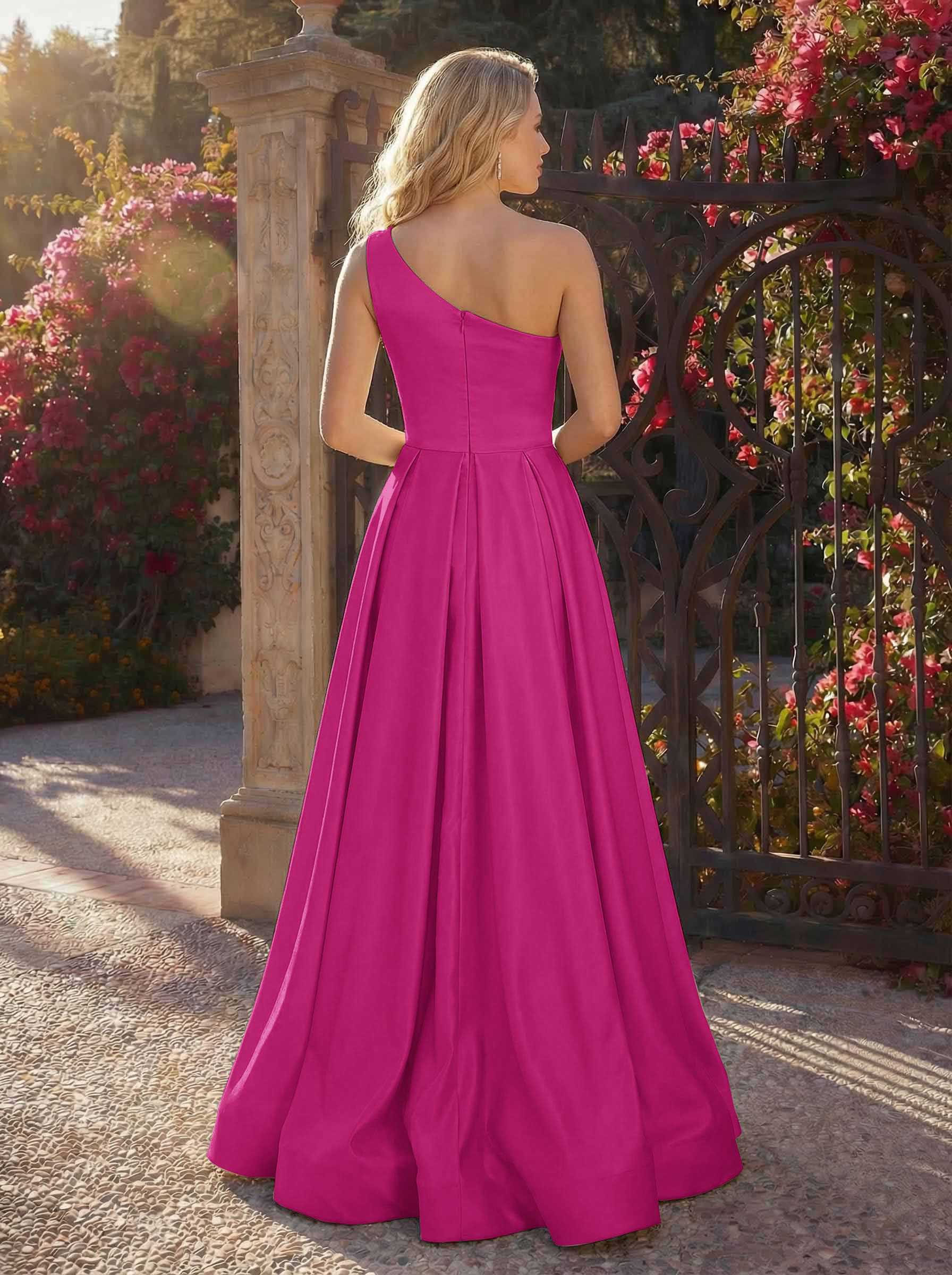 A-Line One-Shoulder Sleeveless Floor-Length Satin Bridesmaid Dresses, product image 74