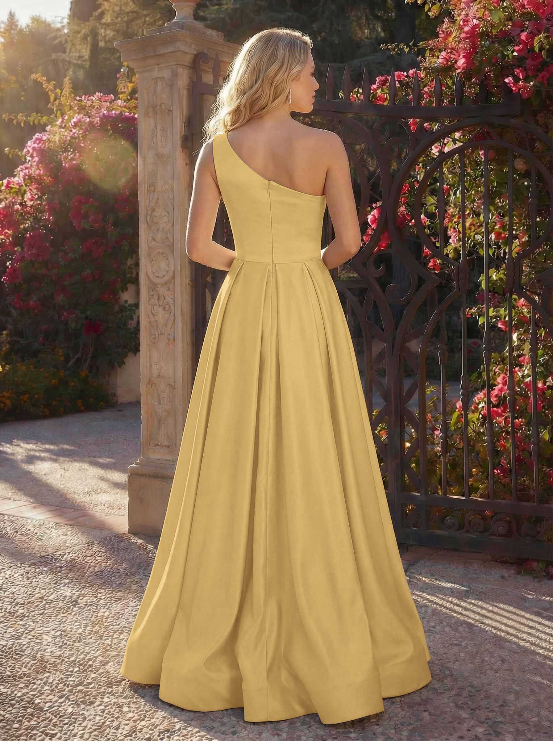 A-Line One-Shoulder Sleeveless Floor-Length Satin Bridesmaid Dresses, product image 100