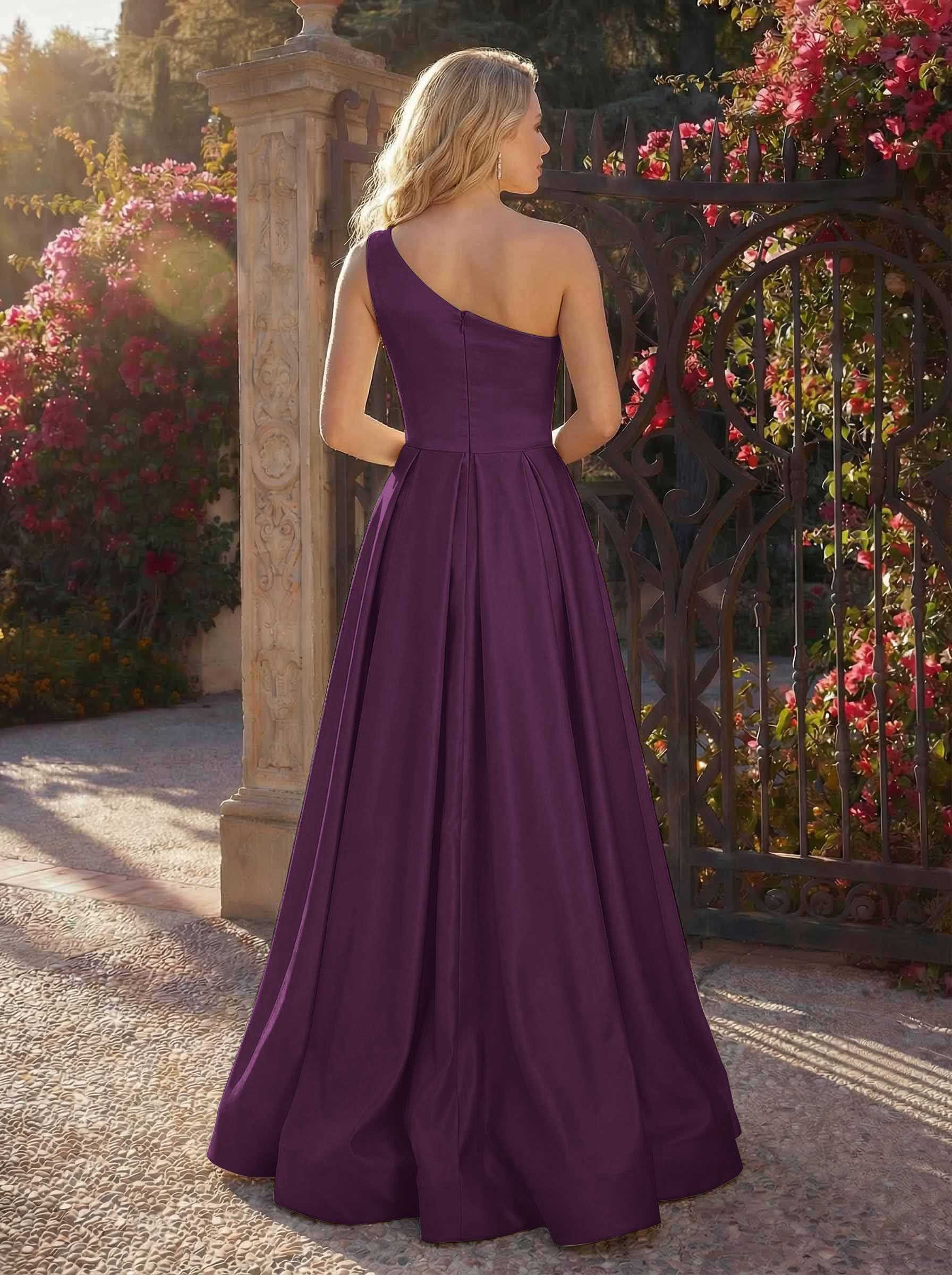 A-Line One-Shoulder Sleeveless Floor-Length Satin Bridesmaid Dresses, product image 70