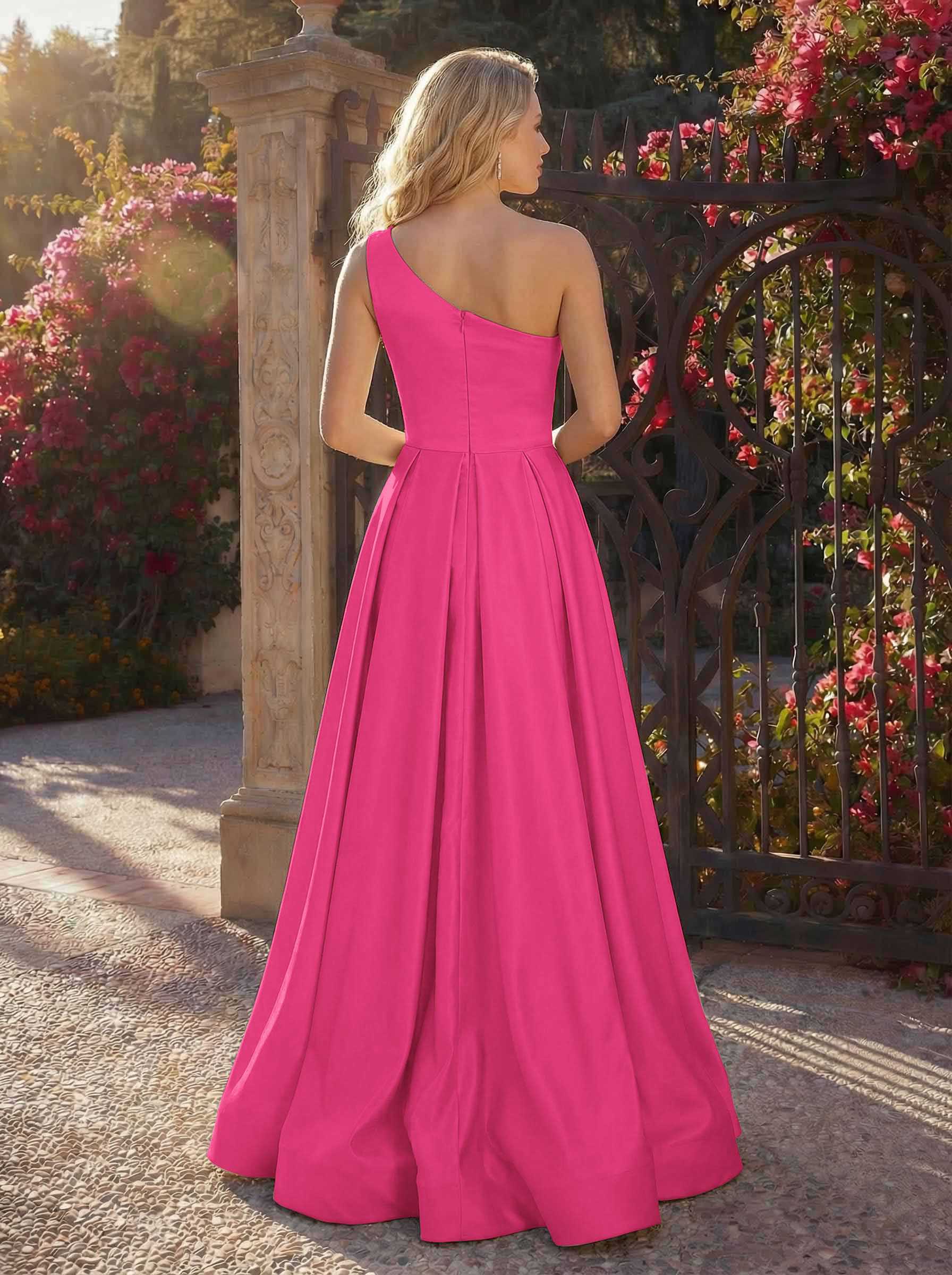 A-Line One-Shoulder Sleeveless Floor-Length Satin Bridesmaid Dresses, product image 118