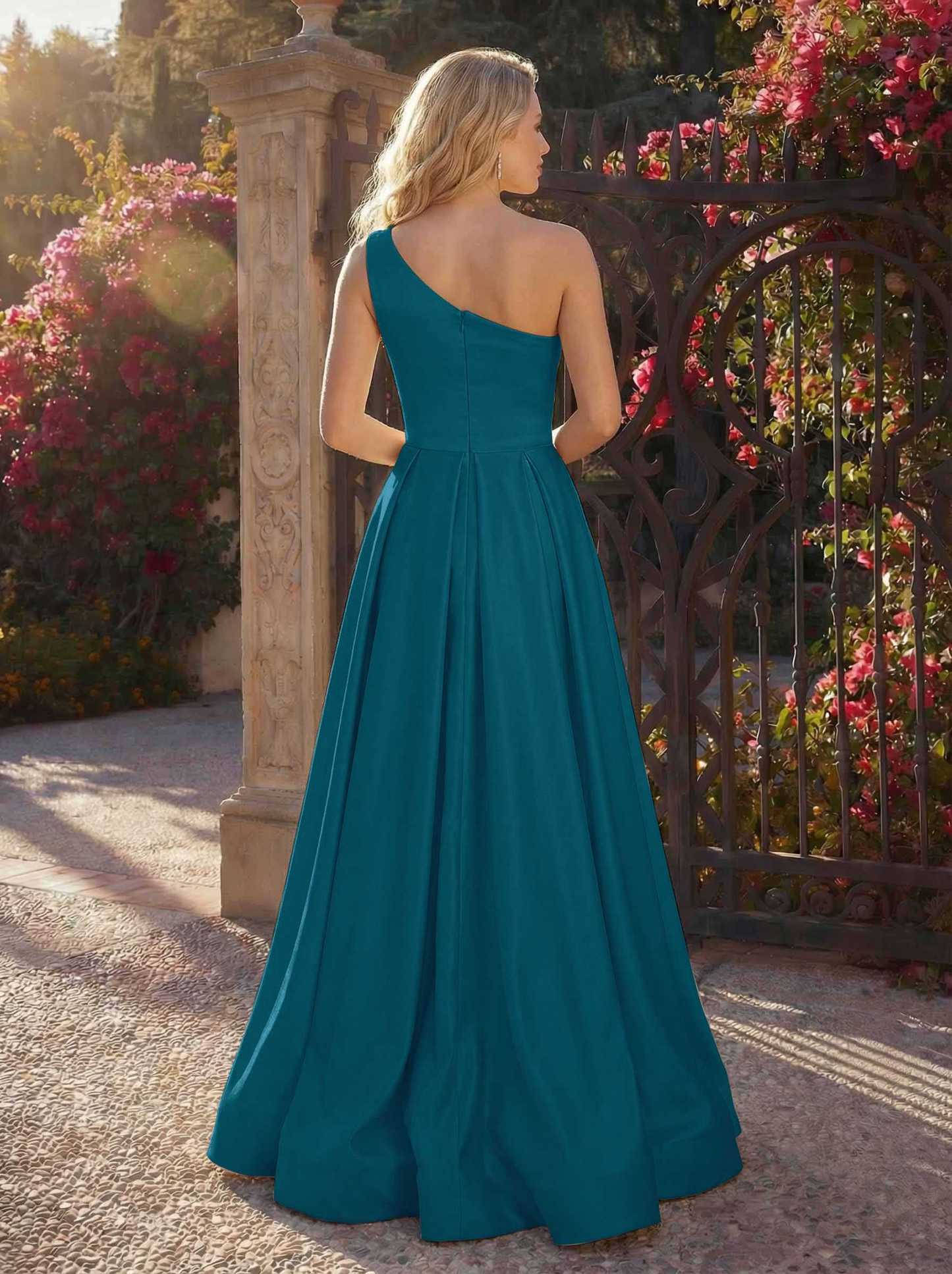 A-Line One-Shoulder Sleeveless Floor-Length Satin Bridesmaid Dresses, product image 14