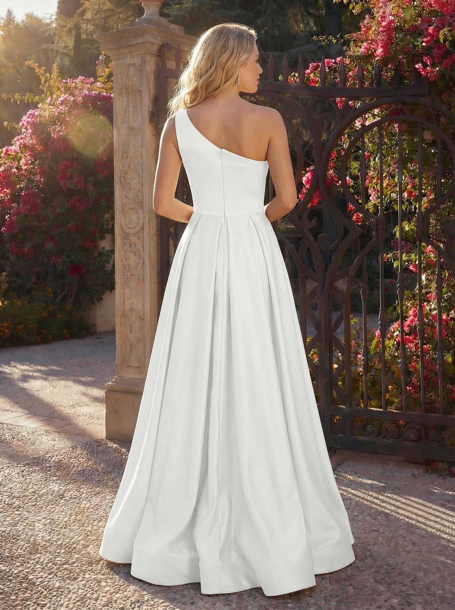 A-Line One-Shoulder Sleeveless Floor-Length Satin Bridesmaid Dresses, product image 108