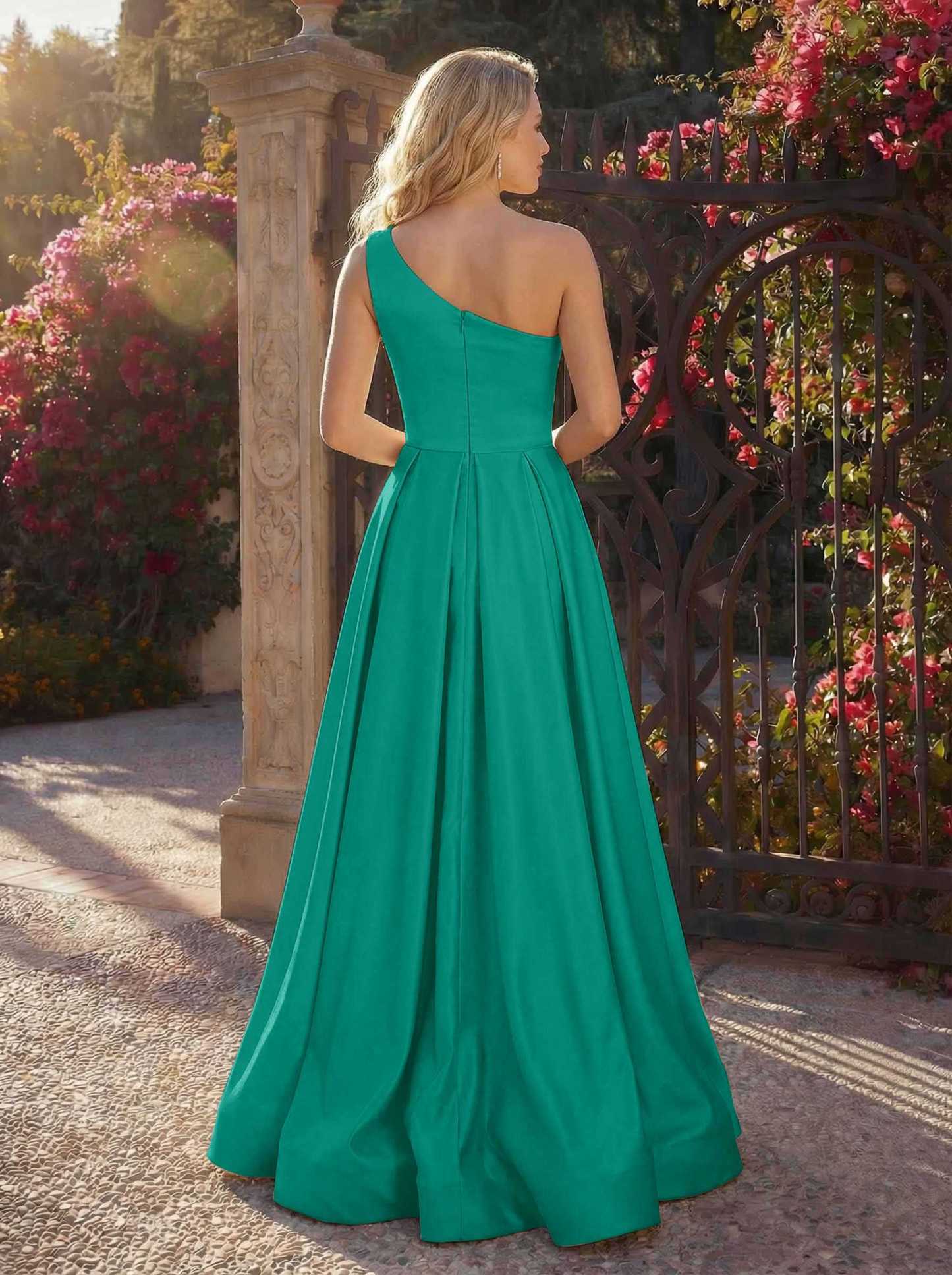 A-Line One-Shoulder Sleeveless Floor-Length Satin Bridesmaid Dresses, product image 84