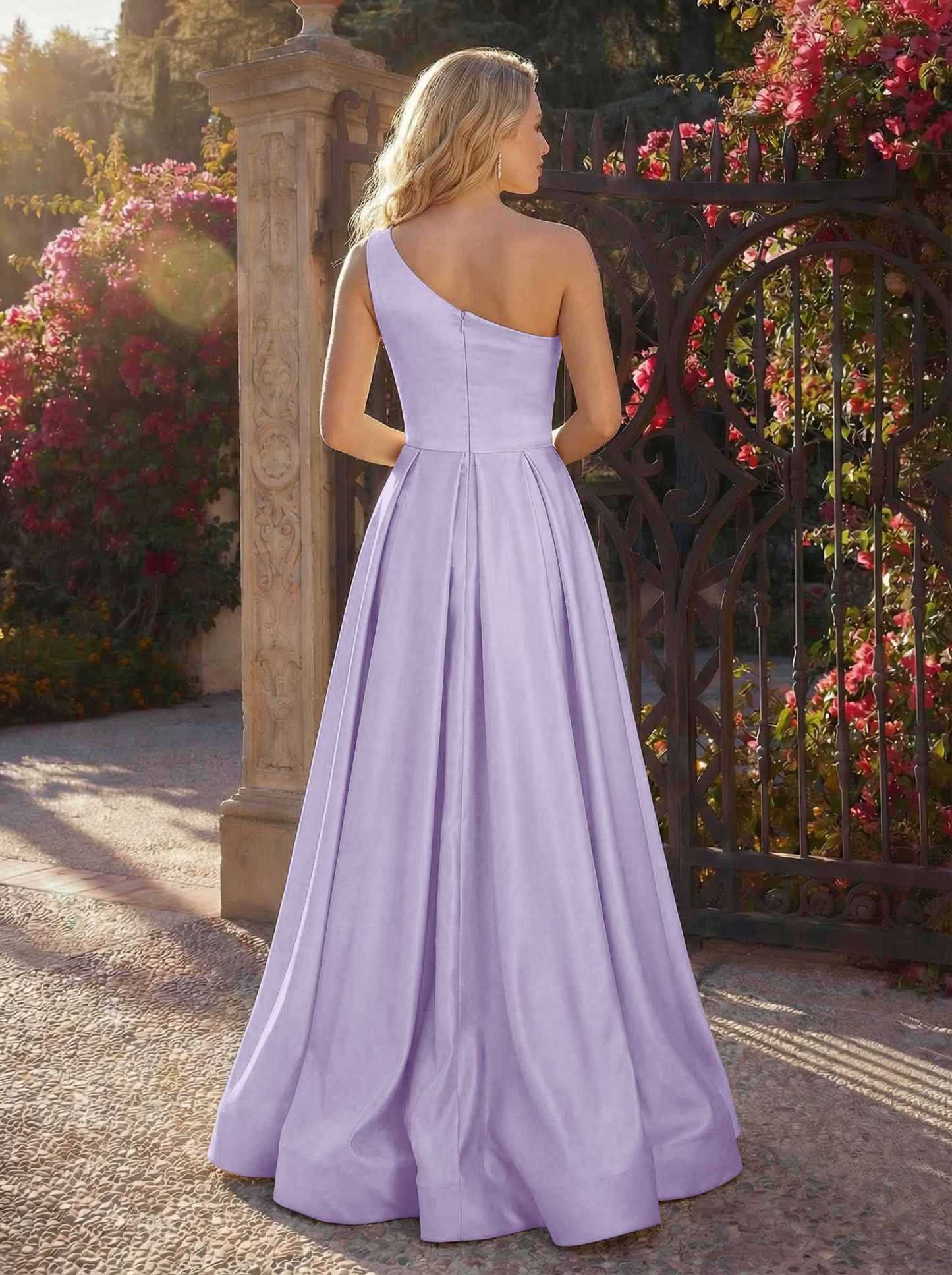A-Line One-Shoulder Sleeveless Floor-Length Satin Bridesmaid Dresses, product image 64