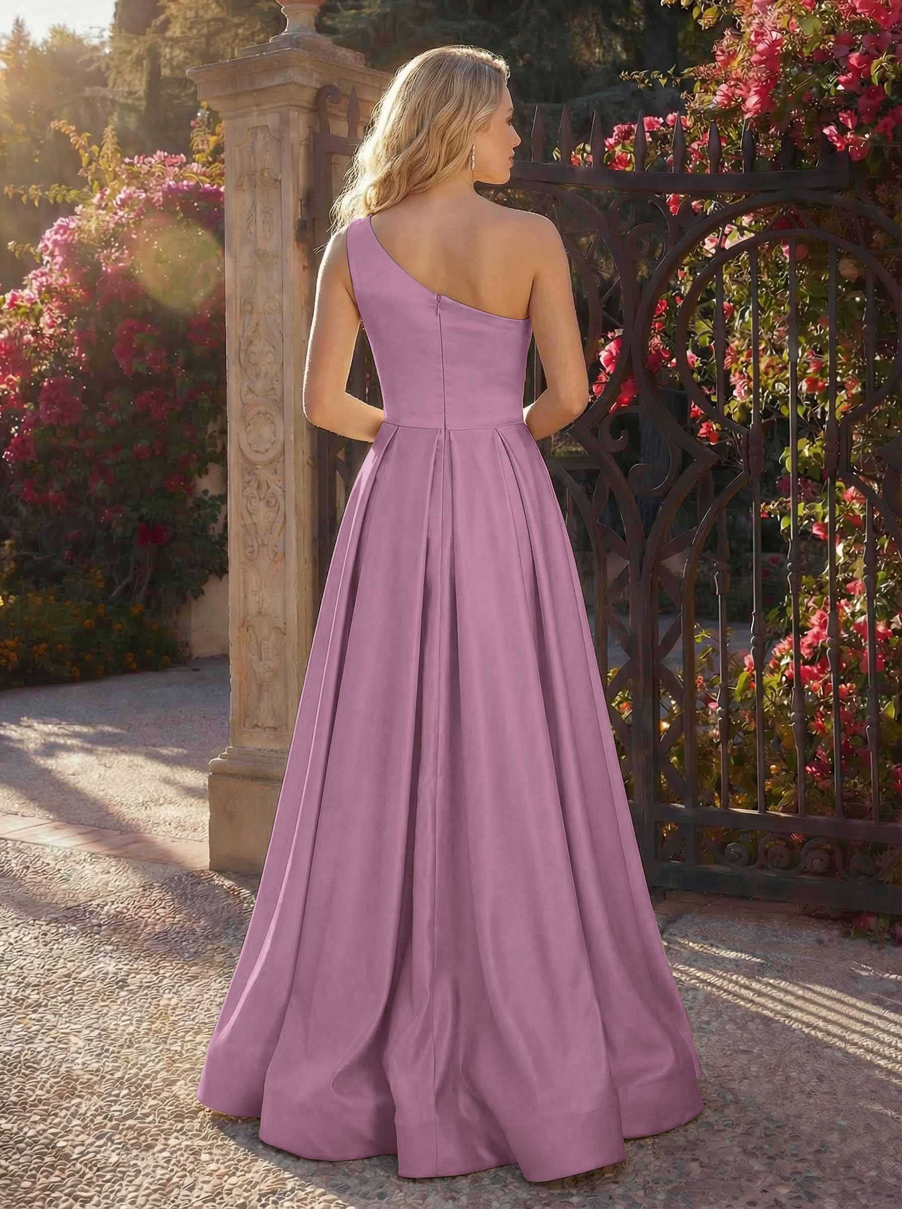 A-Line One-Shoulder Sleeveless Floor-Length Satin Bridesmaid Dresses, product image 62