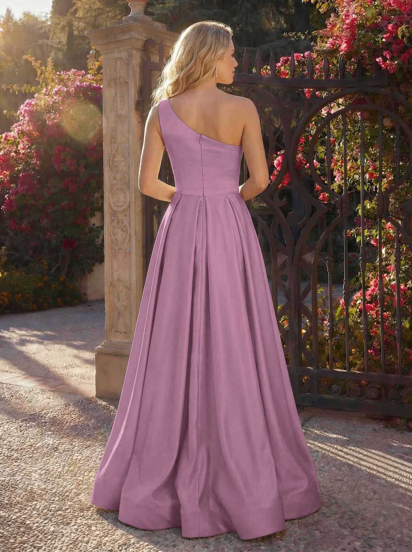 A-Line One-Shoulder Sleeveless Floor-Length Satin Bridesmaid Dresses, product image 62