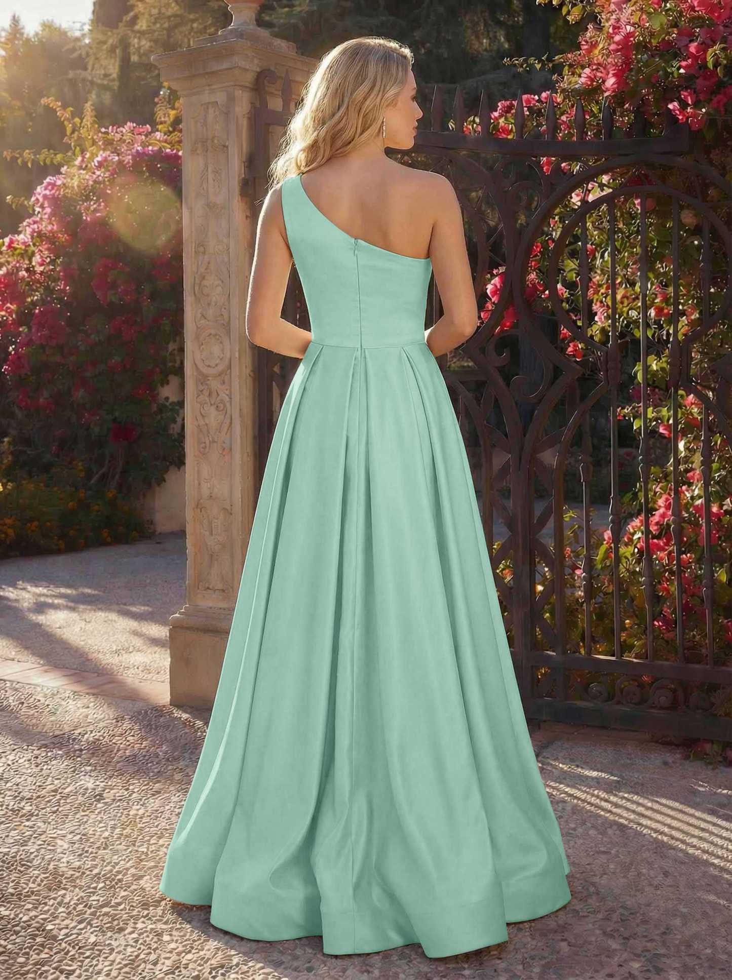 A-Line One-Shoulder Sleeveless Floor-Length Satin Bridesmaid Dresses, product image 90