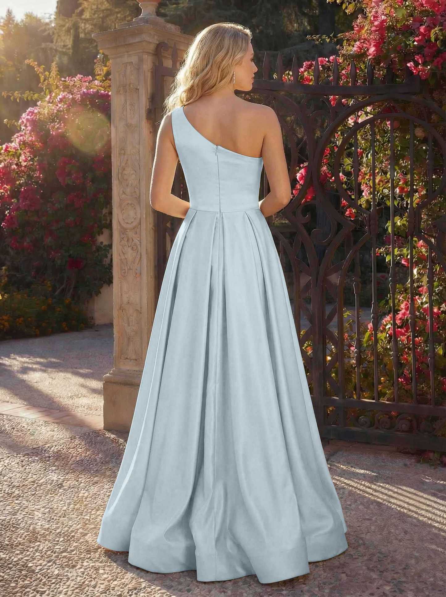 A-Line One-Shoulder Sleeveless Floor-Length Satin Bridesmaid Dresses, product image 26
