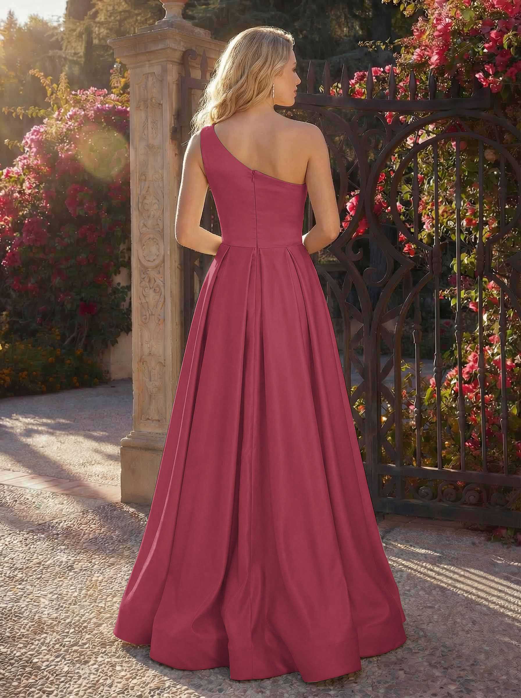 A-Line One-Shoulder Sleeveless Floor-Length Satin Bridesmaid Dresses, product image 34