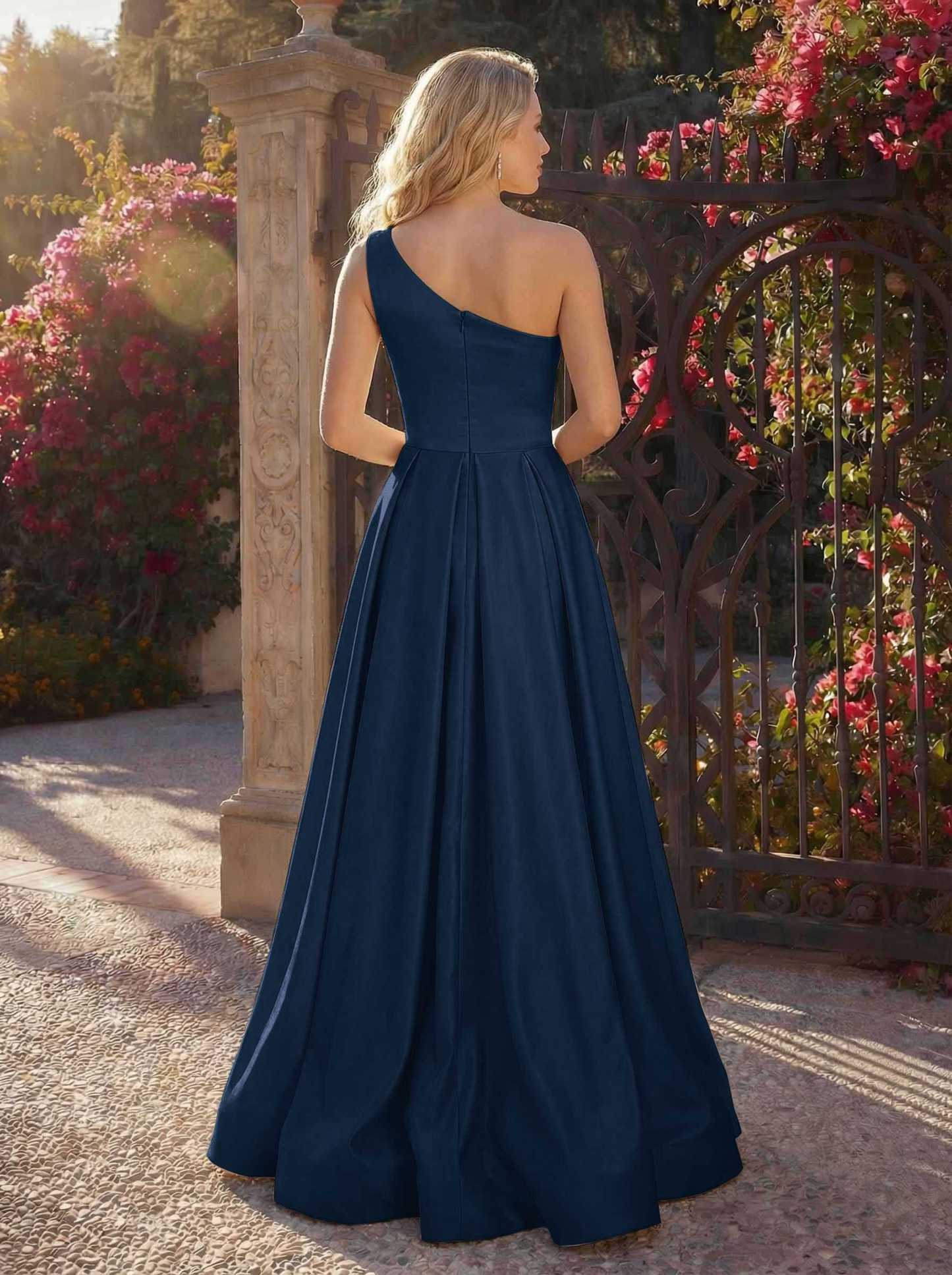 A-Line One-Shoulder Sleeveless Floor-Length Satin Bridesmaid Dresses, product image 6