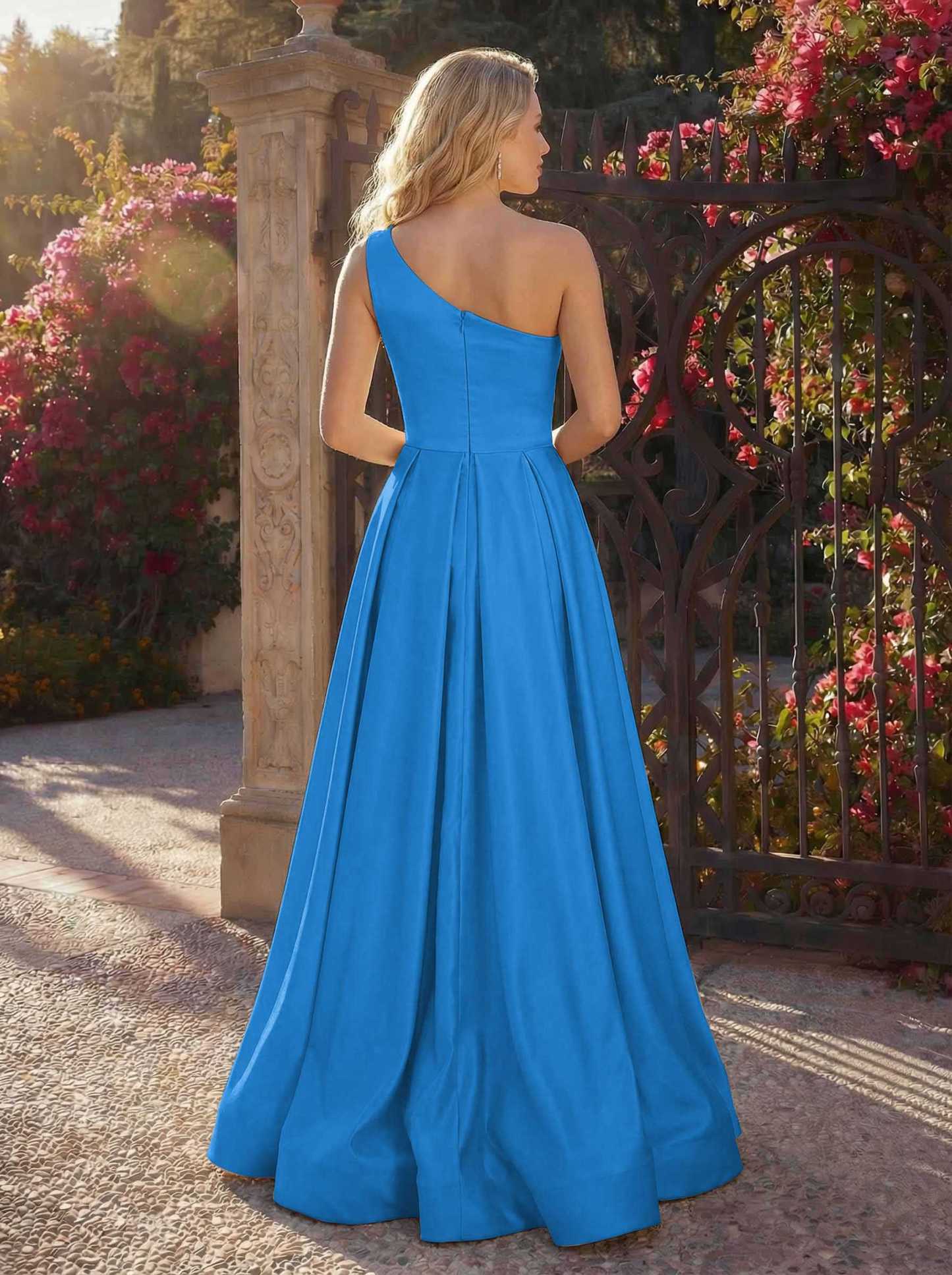 A-Line One-Shoulder Sleeveless Floor-Length Satin Bridesmaid Dresses, product image 18