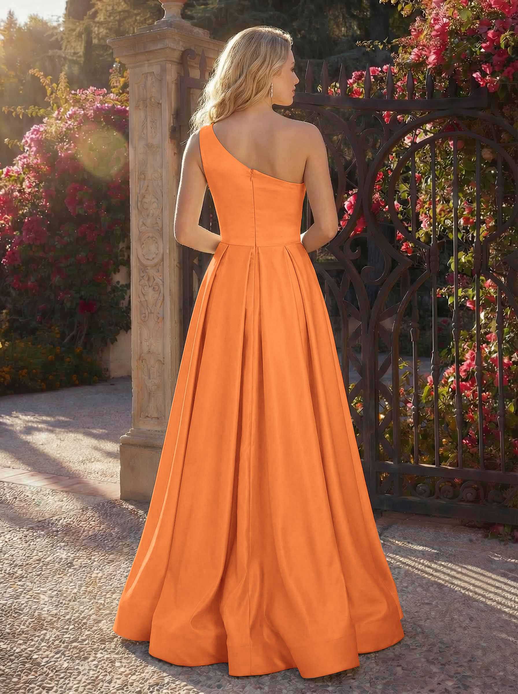 A-Line One-Shoulder Sleeveless Floor-Length Satin Bridesmaid Dresses, product image 102