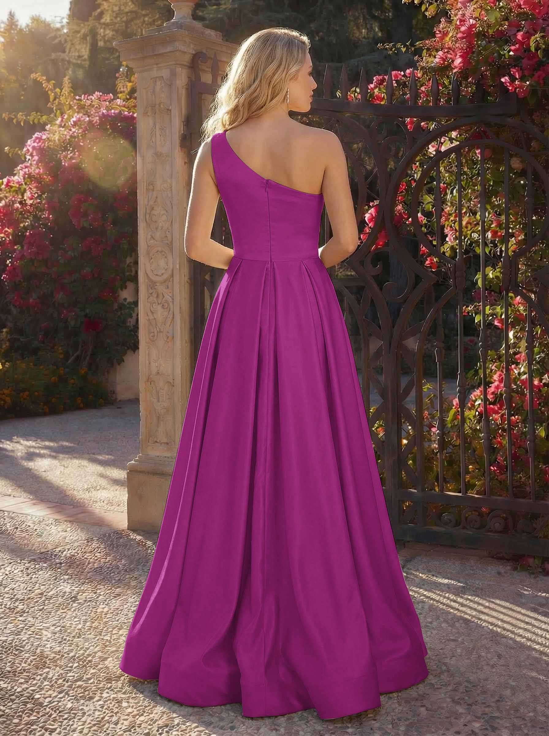A-Line One-Shoulder Sleeveless Floor-Length Satin Bridesmaid Dresses, product image 72