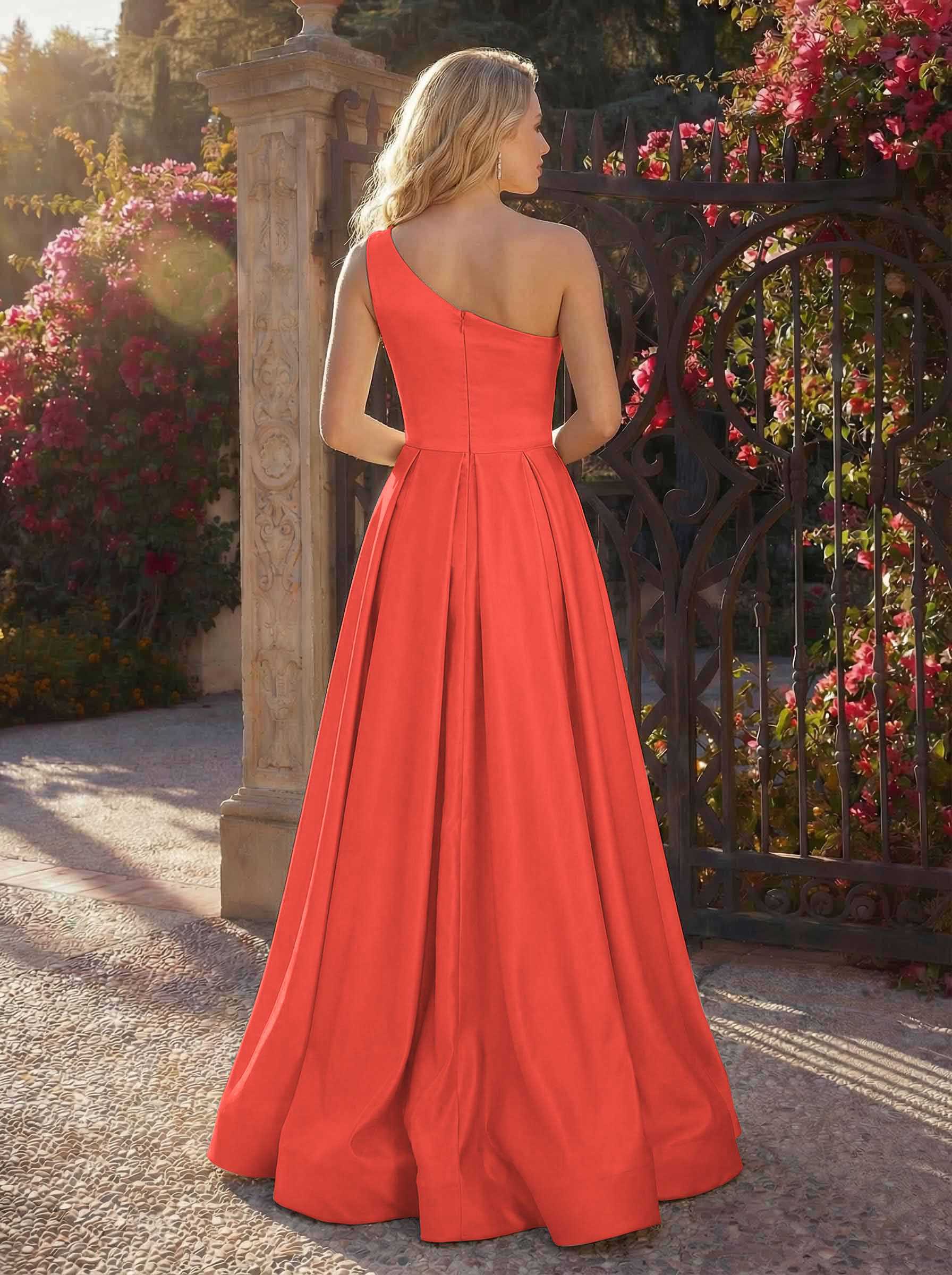 A-Line One-Shoulder Sleeveless Floor-Length Satin Bridesmaid Dresses, product image 104