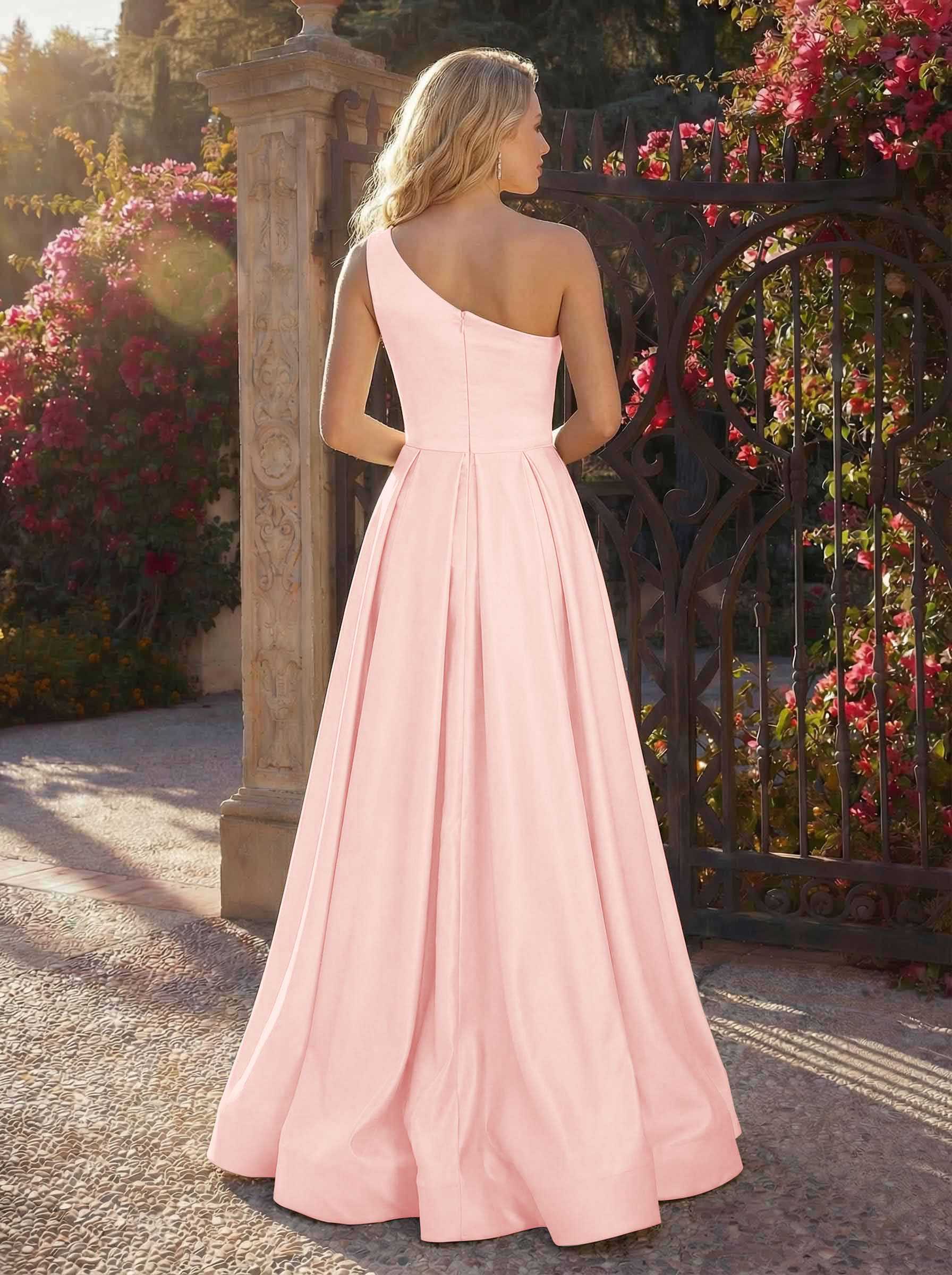 A-Line One-Shoulder Sleeveless Floor-Length Satin Bridesmaid Dresses, product image 44