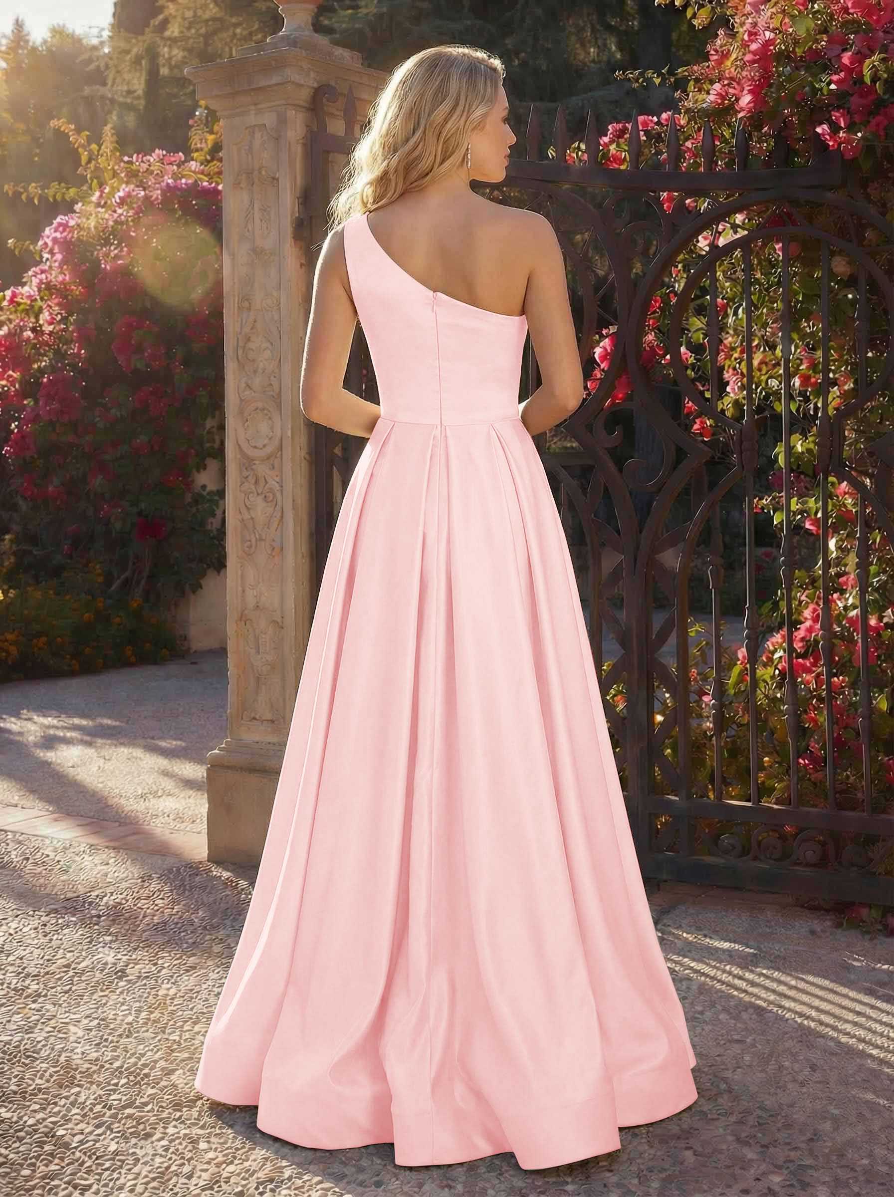 A-Line One-Shoulder Sleeveless Floor-Length Satin Bridesmaid Dresses, product image 48
