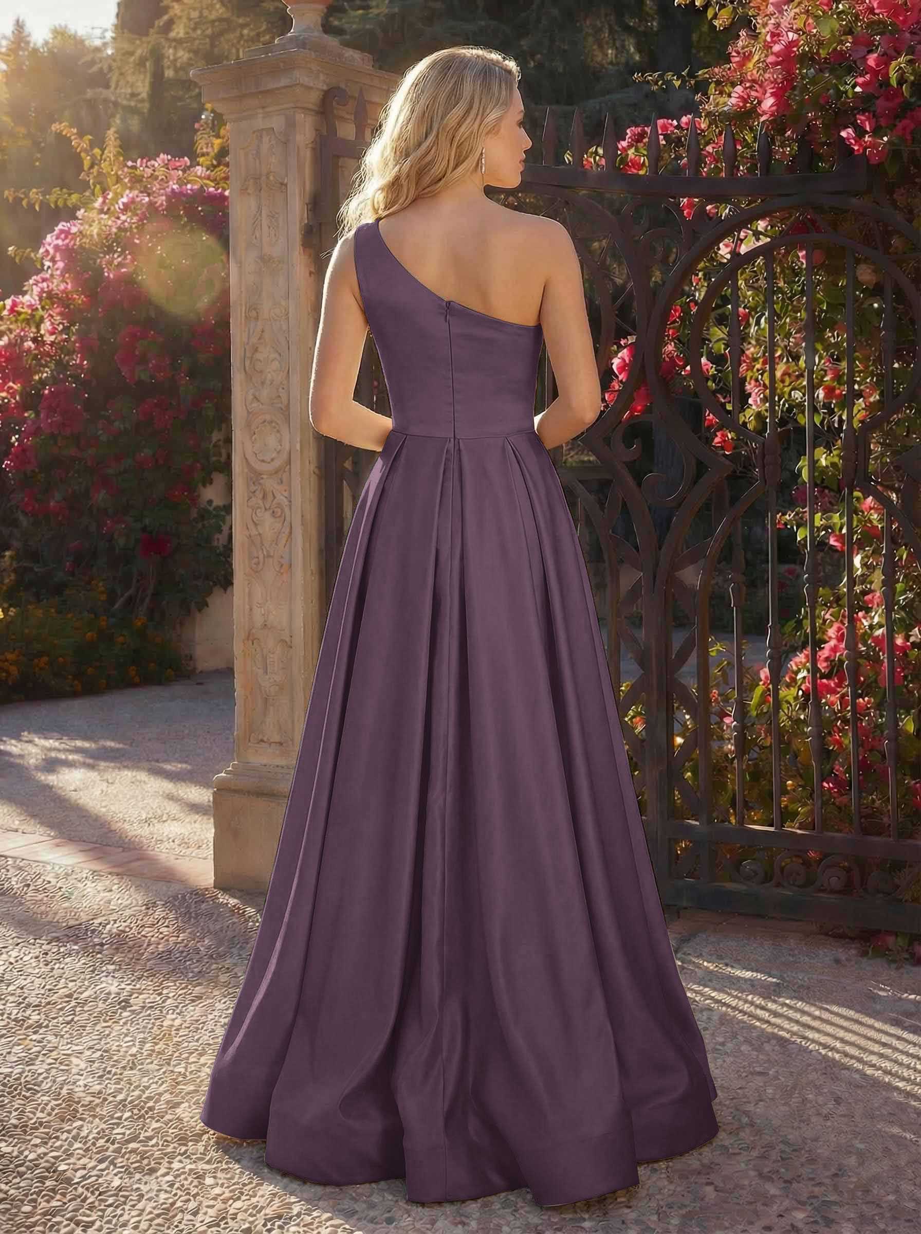 A-Line One-Shoulder Sleeveless Floor-Length Satin Bridesmaid Dresses, product image 120
