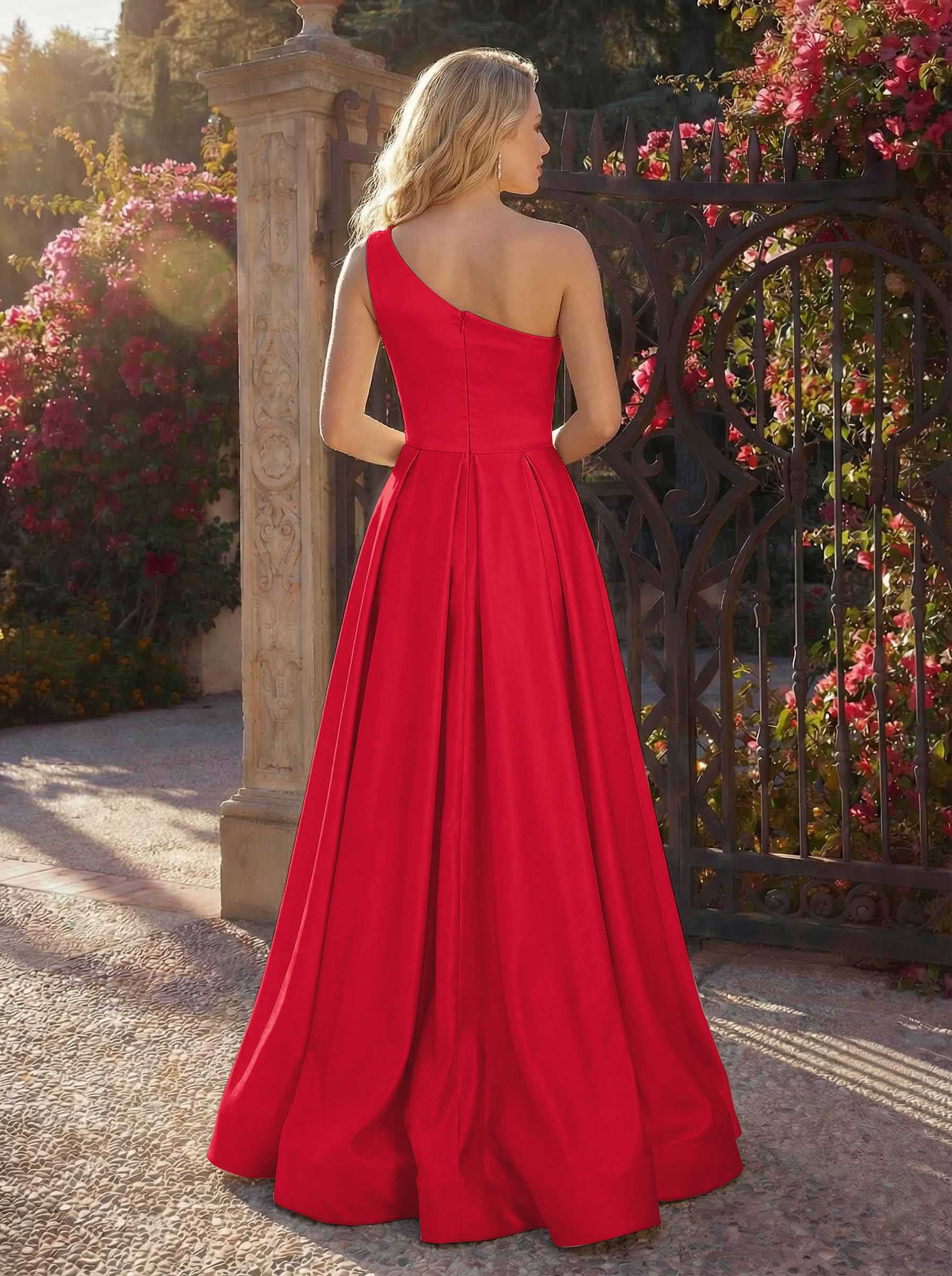 A-Line One-Shoulder Sleeveless Floor-Length Satin Bridesmaid Dresses, product image 36