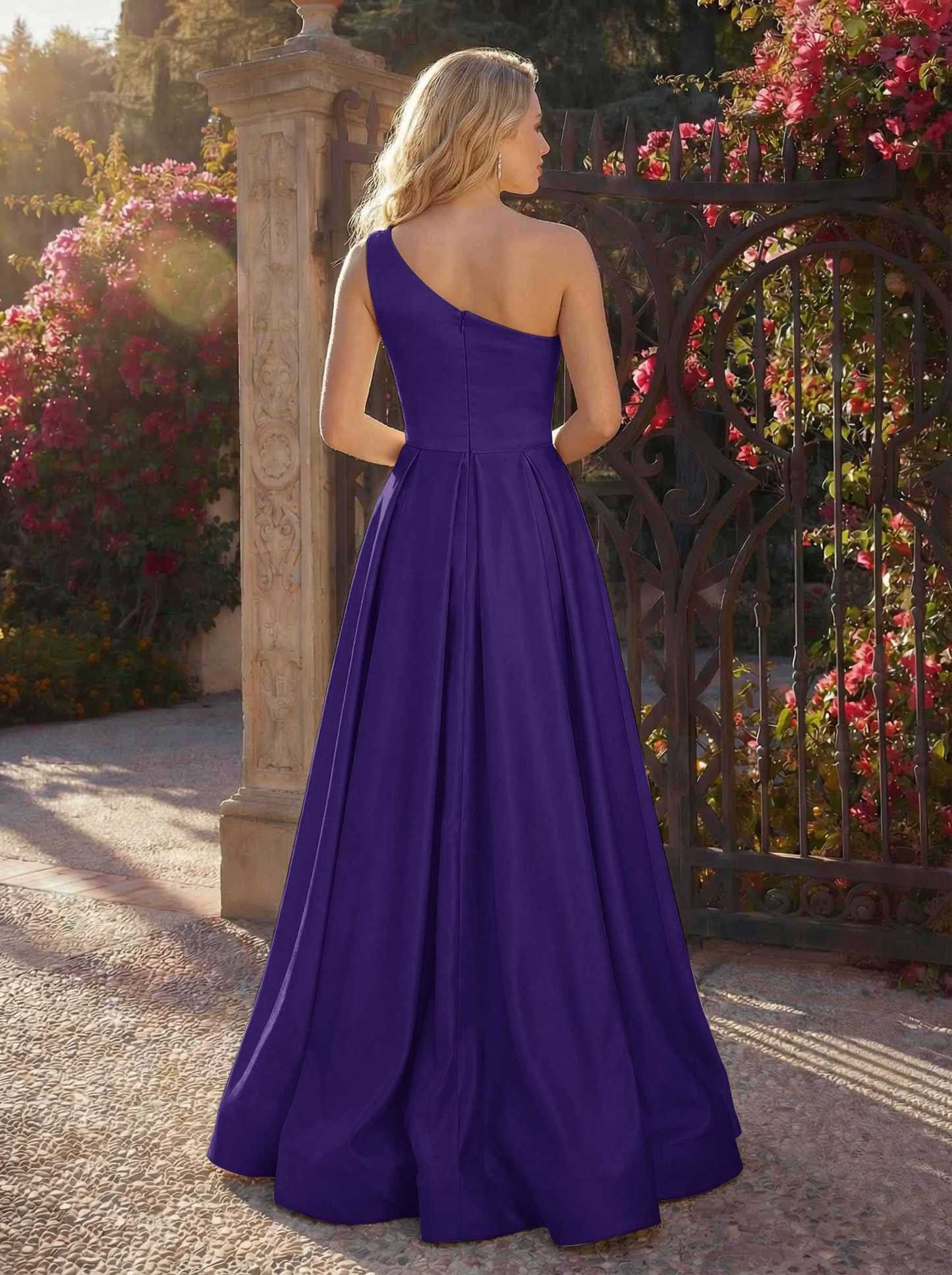 A-Line One-Shoulder Sleeveless Floor-Length Satin Bridesmaid Dresses, product image 76