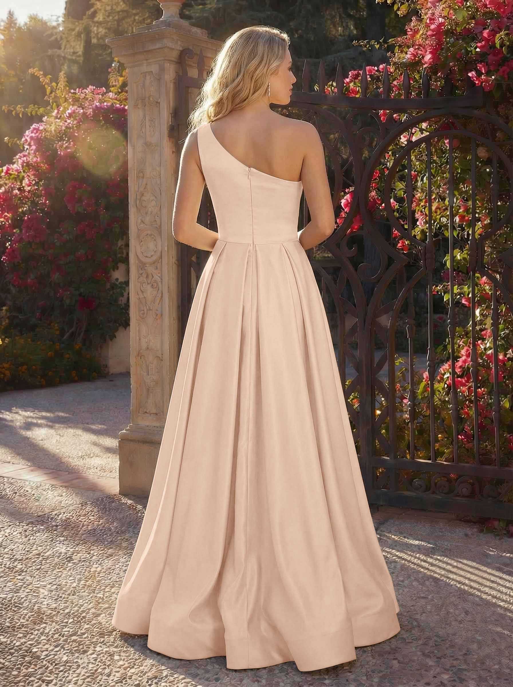 A-Line One-Shoulder Sleeveless Floor-Length Satin Bridesmaid Dresses, product image 128