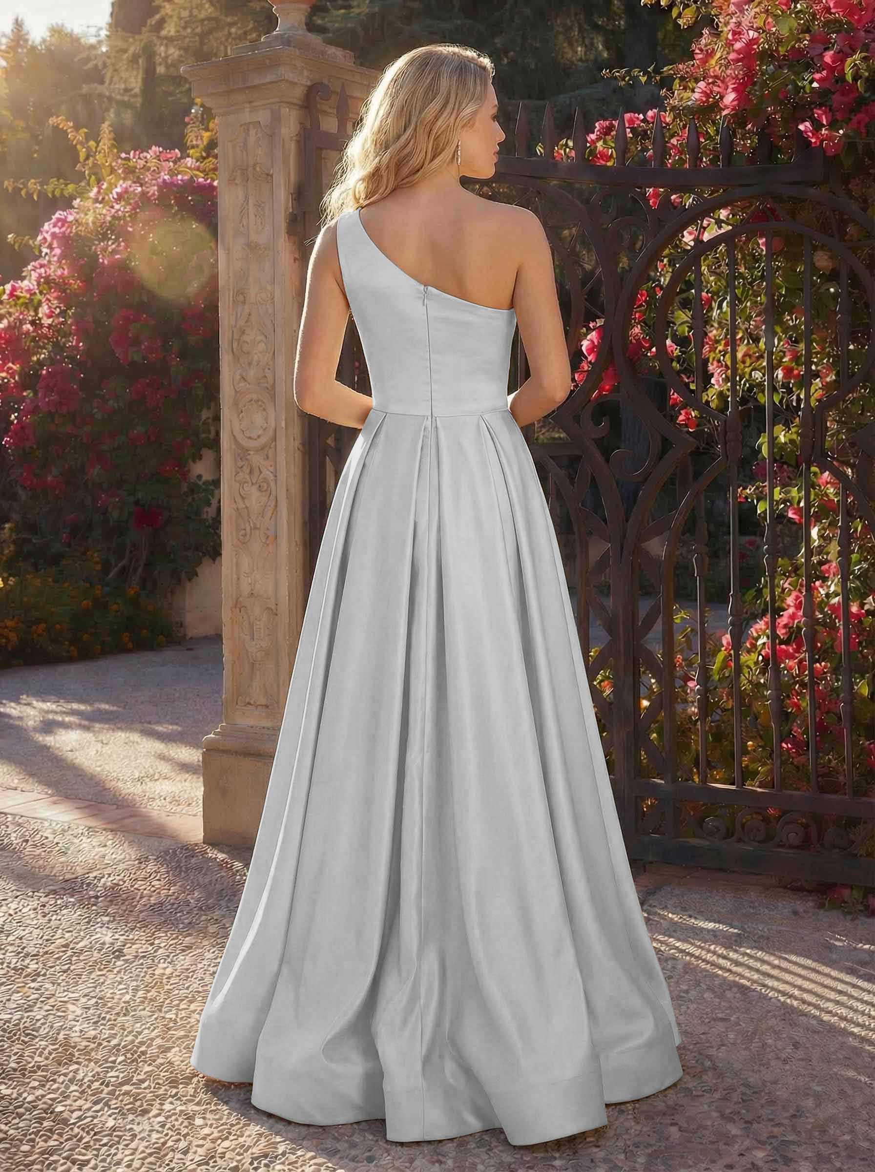 A-Line One-Shoulder Sleeveless Floor-Length Satin Bridesmaid Dresses, product image 112
