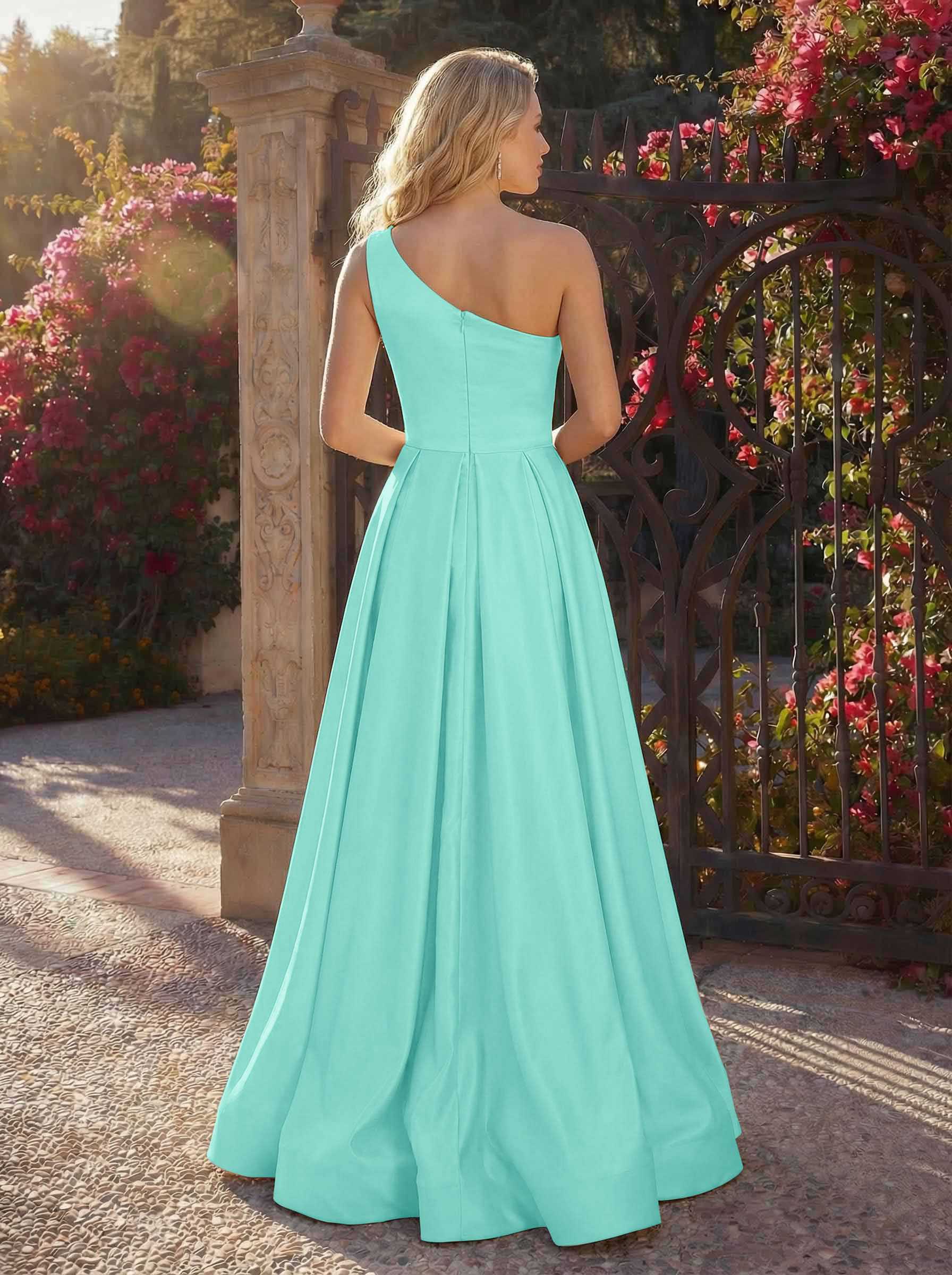 A-Line One-Shoulder Sleeveless Floor-Length Satin Bridesmaid Dresses, product image 92