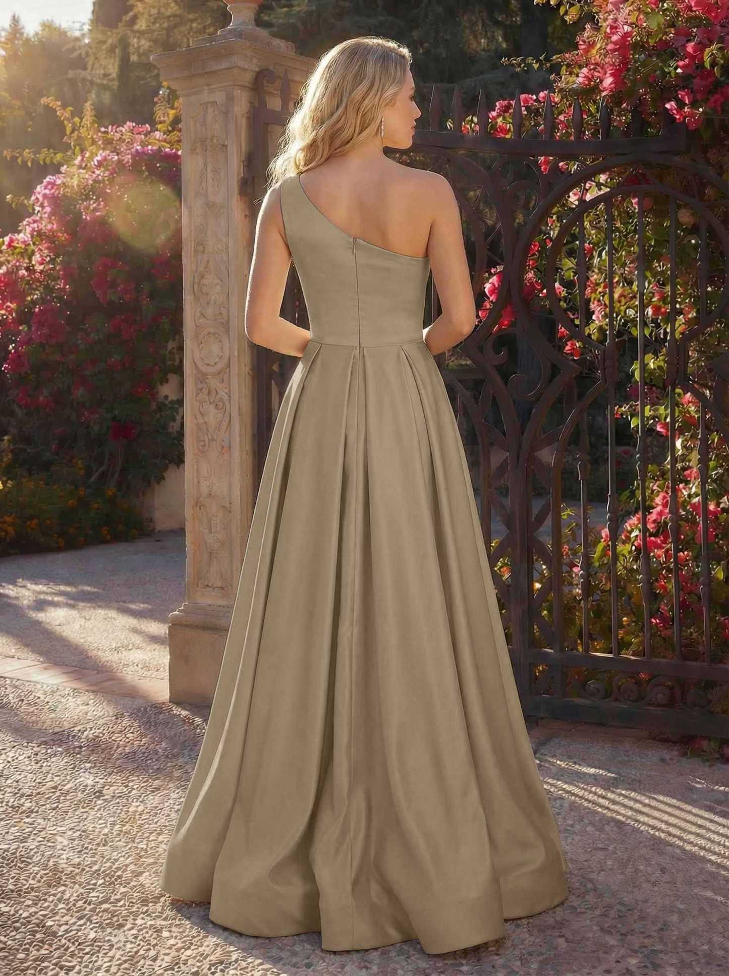 A-Line One-Shoulder Sleeveless Floor-Length Satin Bridesmaid Dresses, product image 96