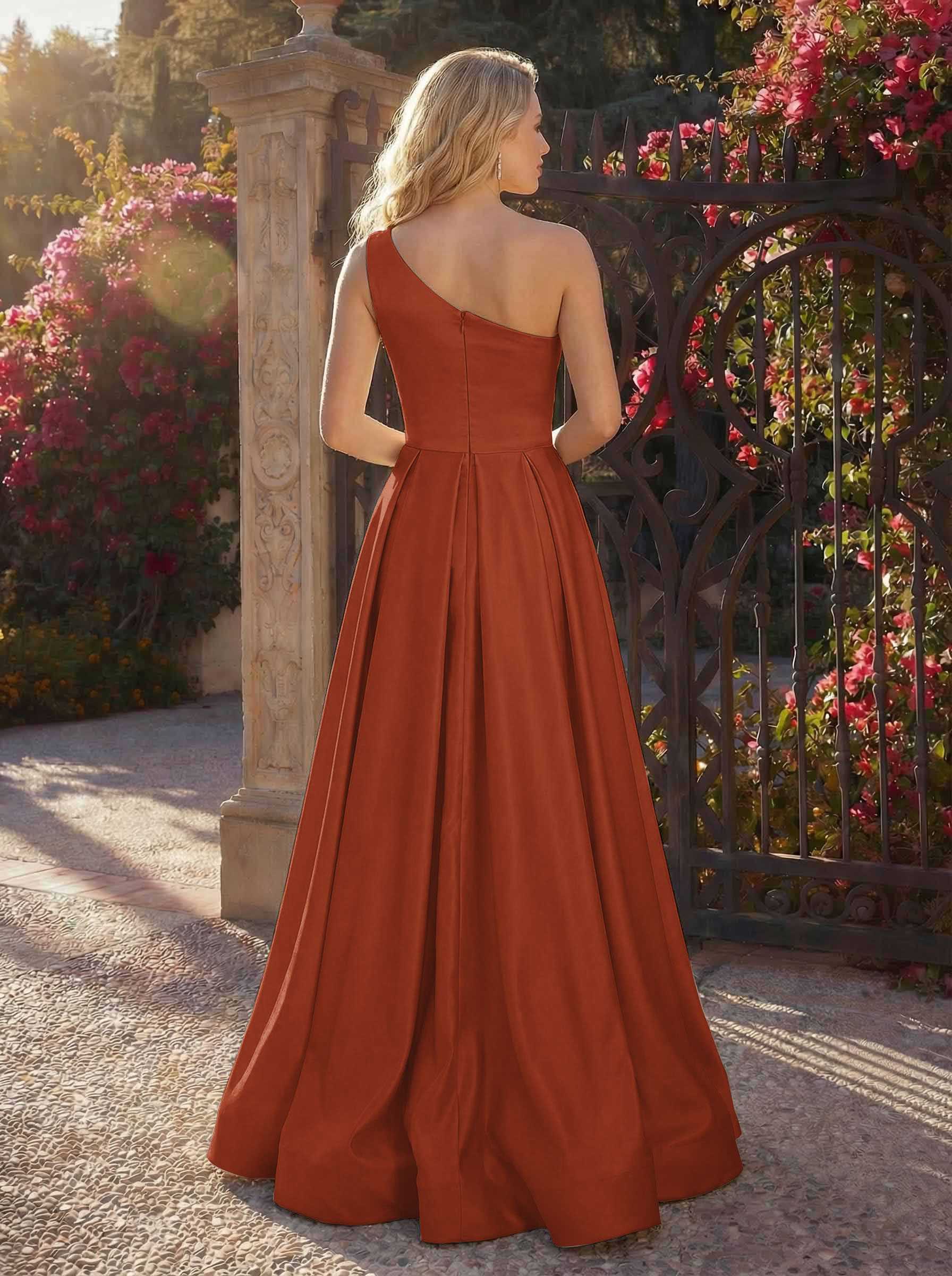 A-Line One-Shoulder Sleeveless Floor-Length Satin Bridesmaid Dresses, product image 136