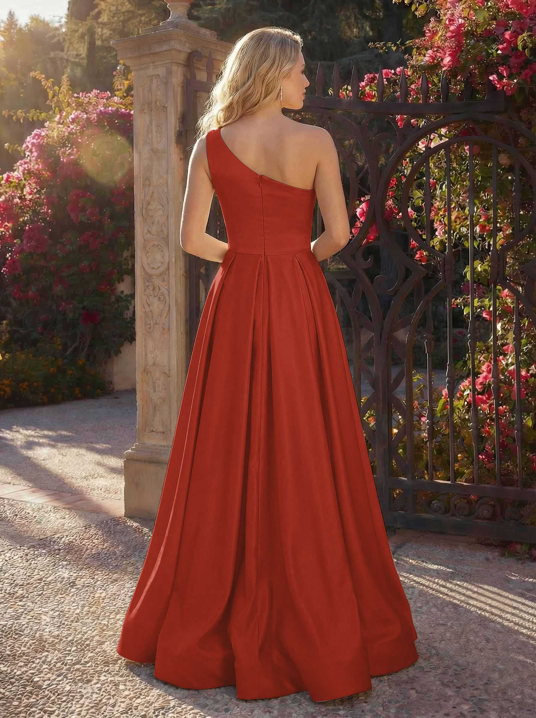 A-Line One-Shoulder Sleeveless Floor-Length Satin Bridesmaid Dresses, product image 38