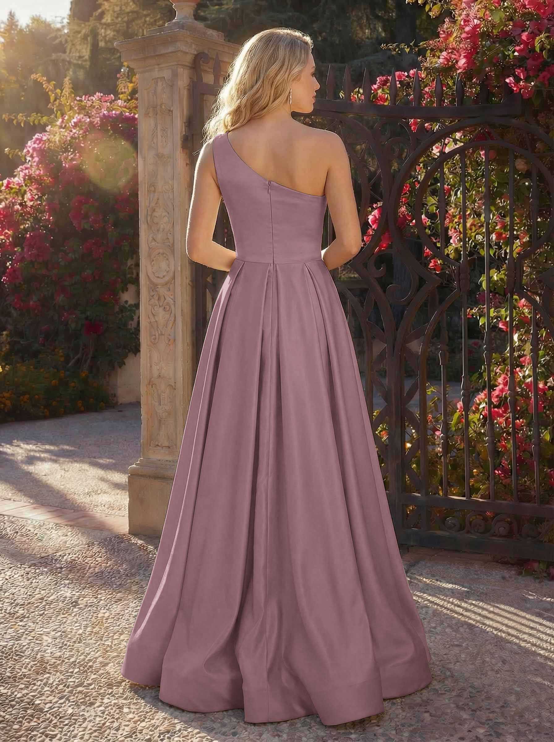 A-Line One-Shoulder Sleeveless Floor-Length Satin Bridesmaid Dresses, product image 60