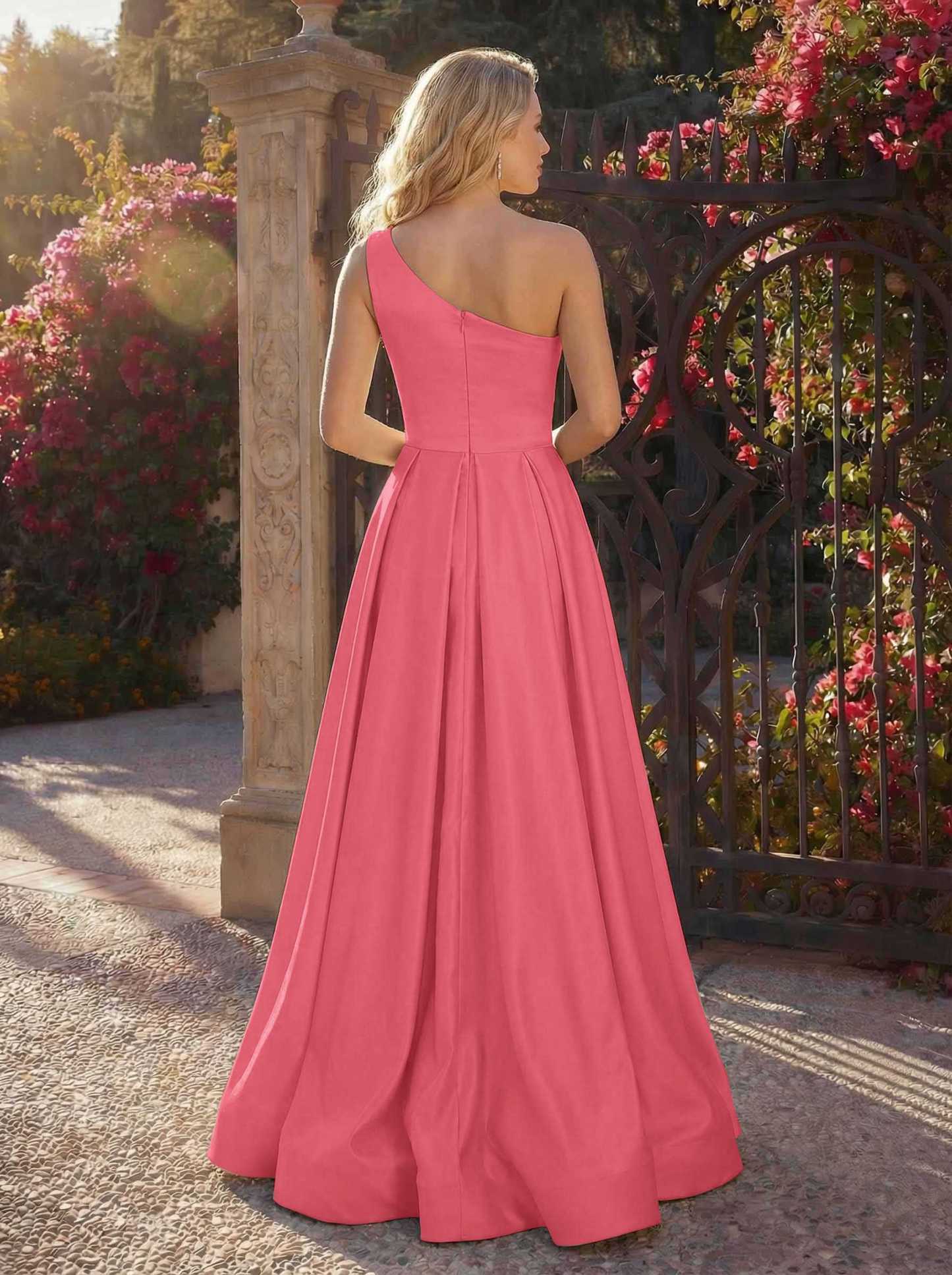 A-Line One-Shoulder Sleeveless Floor-Length Satin Bridesmaid Dresses, product image 40