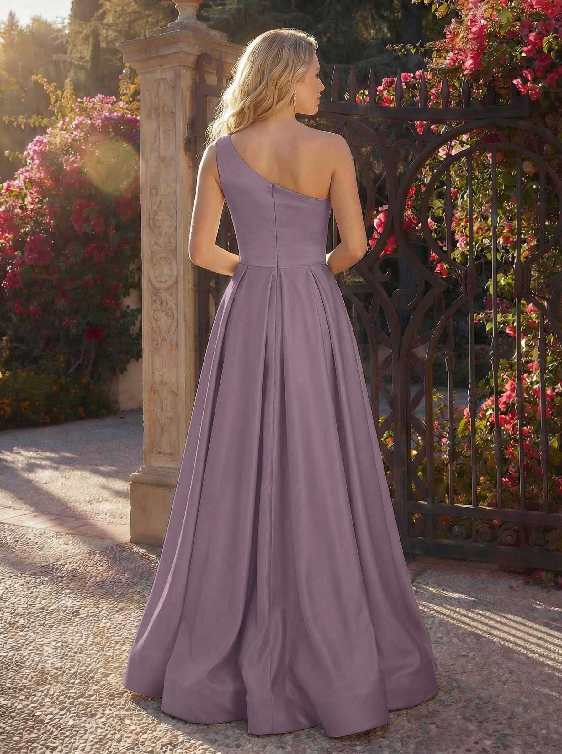 A-Line One-Shoulder Sleeveless Floor-Length Satin Bridesmaid Dresses, product image 58