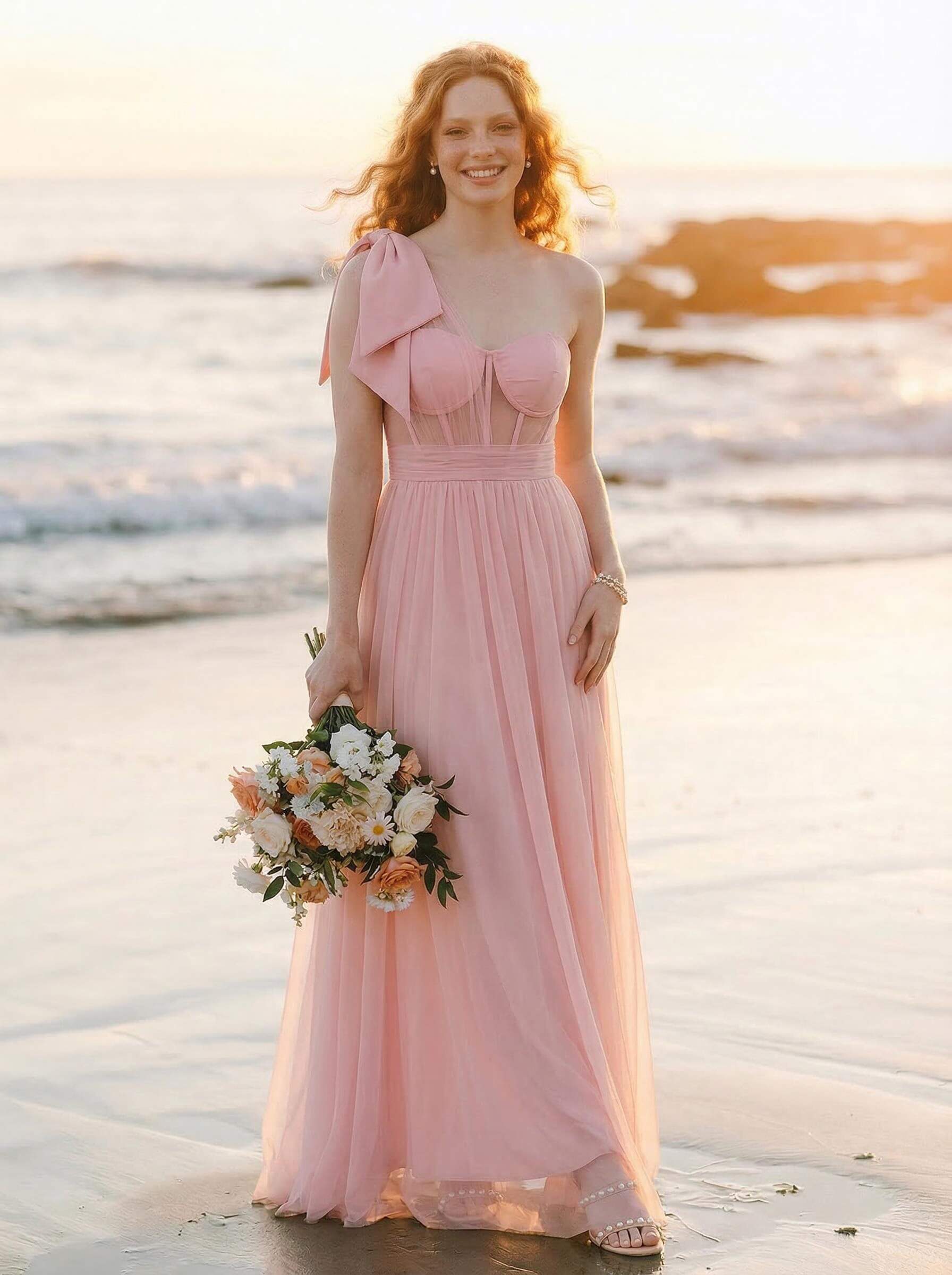 Exquisite A-Line One-Shoulder Chiffon/Tulle Bridesmaid Dresses With Bow(s)