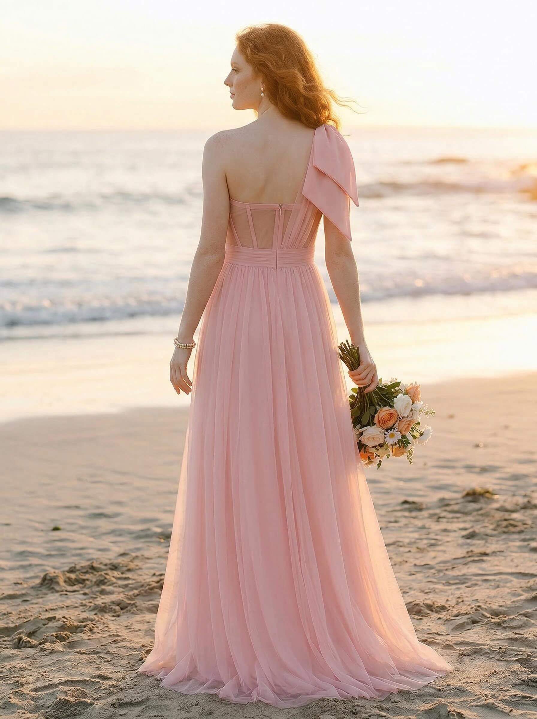 Exquisite A-Line One-Shoulder Chiffon/Tulle Bridesmaid Dresses With Bow(s)