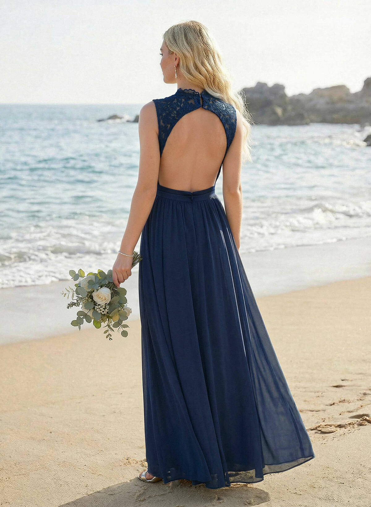 A-Line V-Neck Sleeveless Chiffon Bridesmaid Dresses With Appliques Lace, image 2