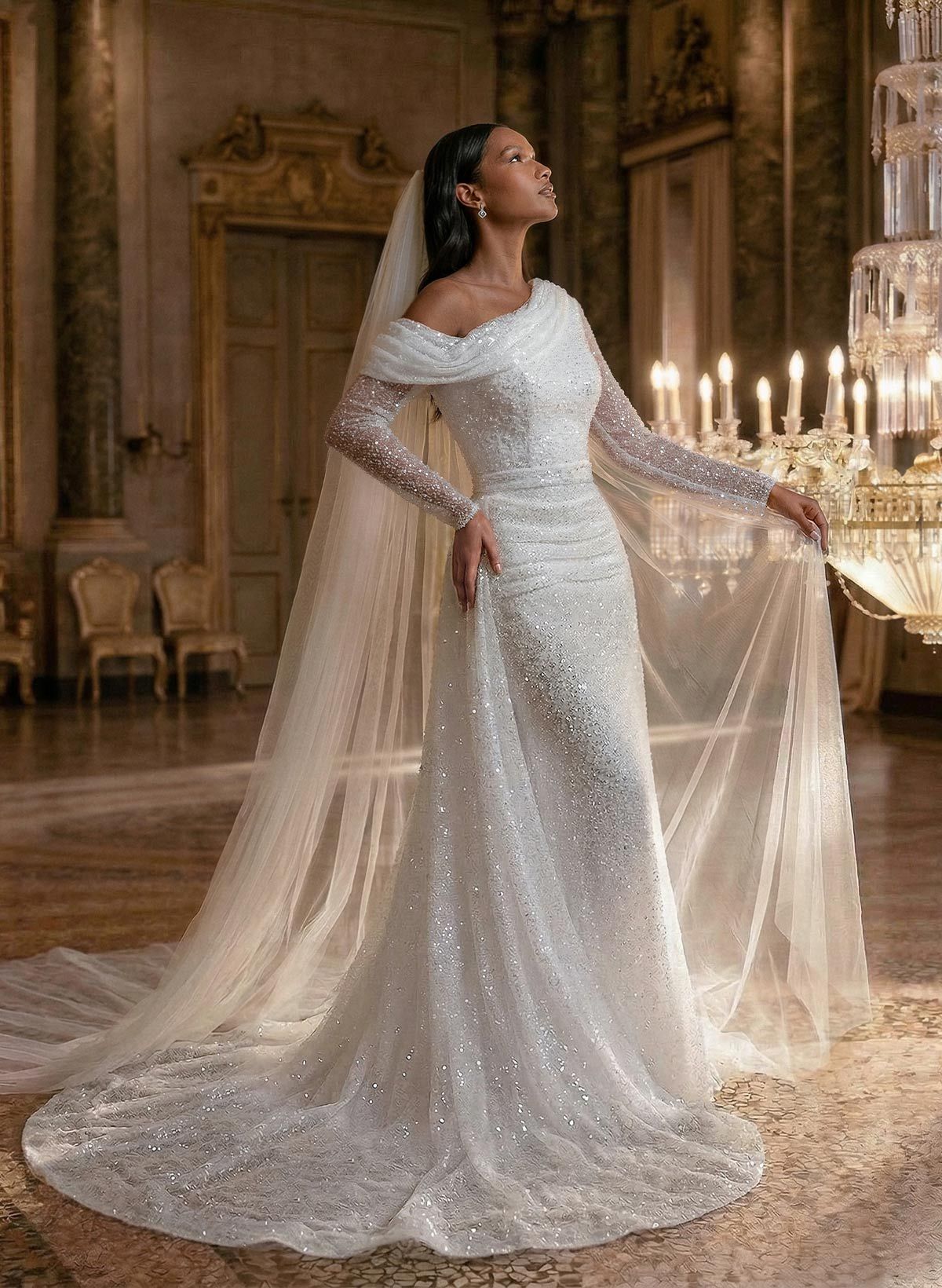 Asymmetrical Neck Sequined Long Sleeves Wedding Dresses, image 2