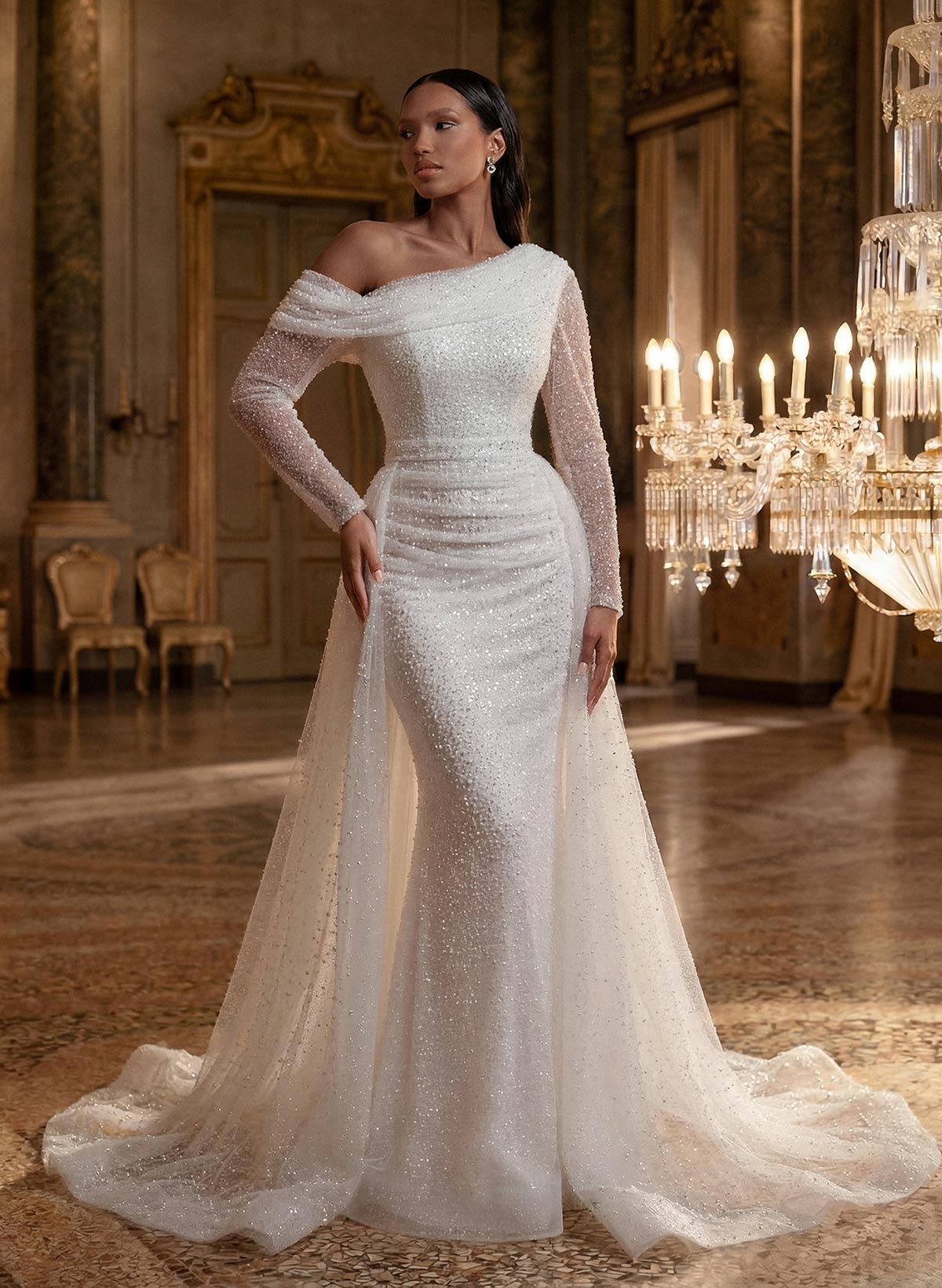 Asymmetrical Neck Sequined Long Sleeves Wedding Dresses in Ivory, US2